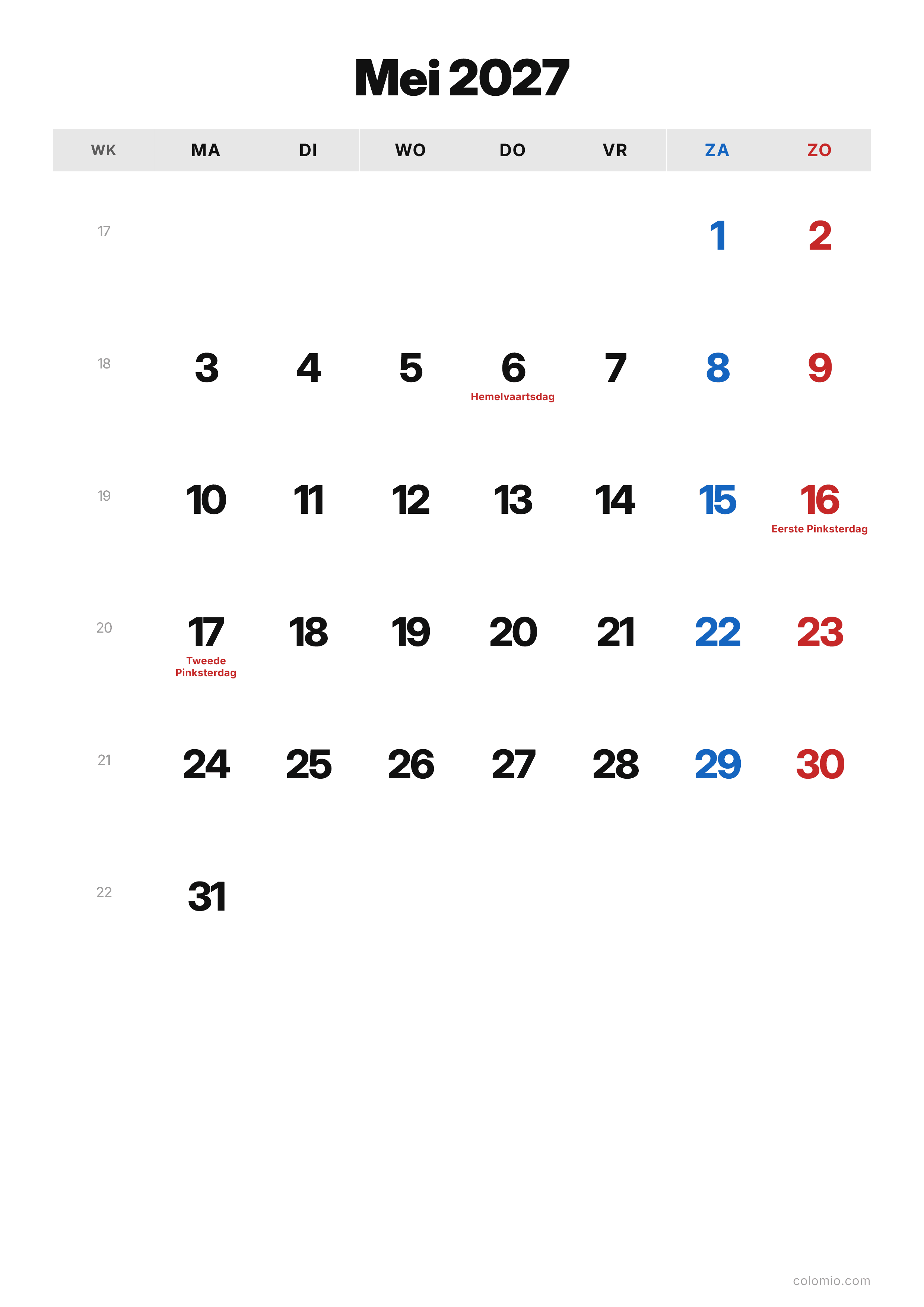 Kalender Mei 2027 klassiek · staand, PDF om af te drukken