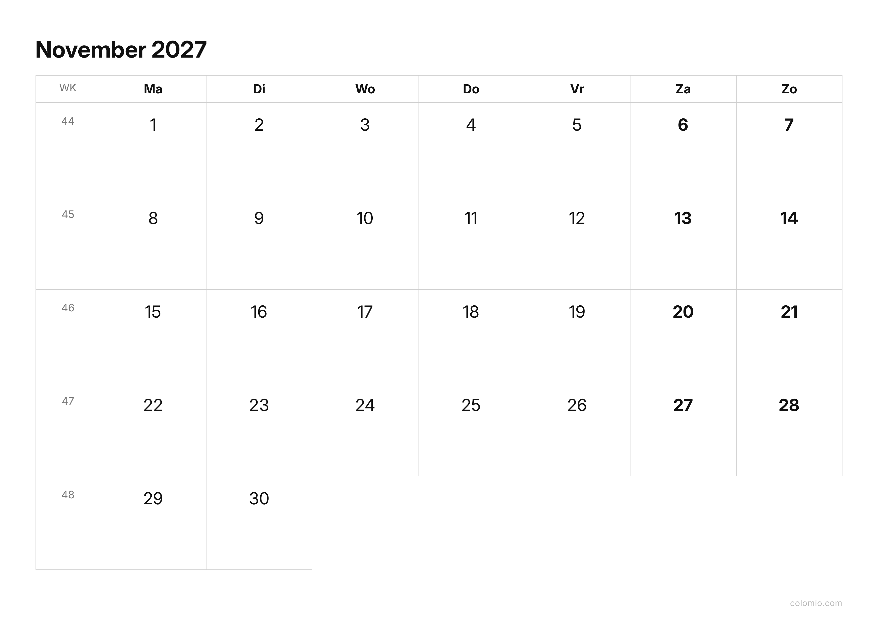 Kalender November 2027 strak · liggend, PDF om af te drukken