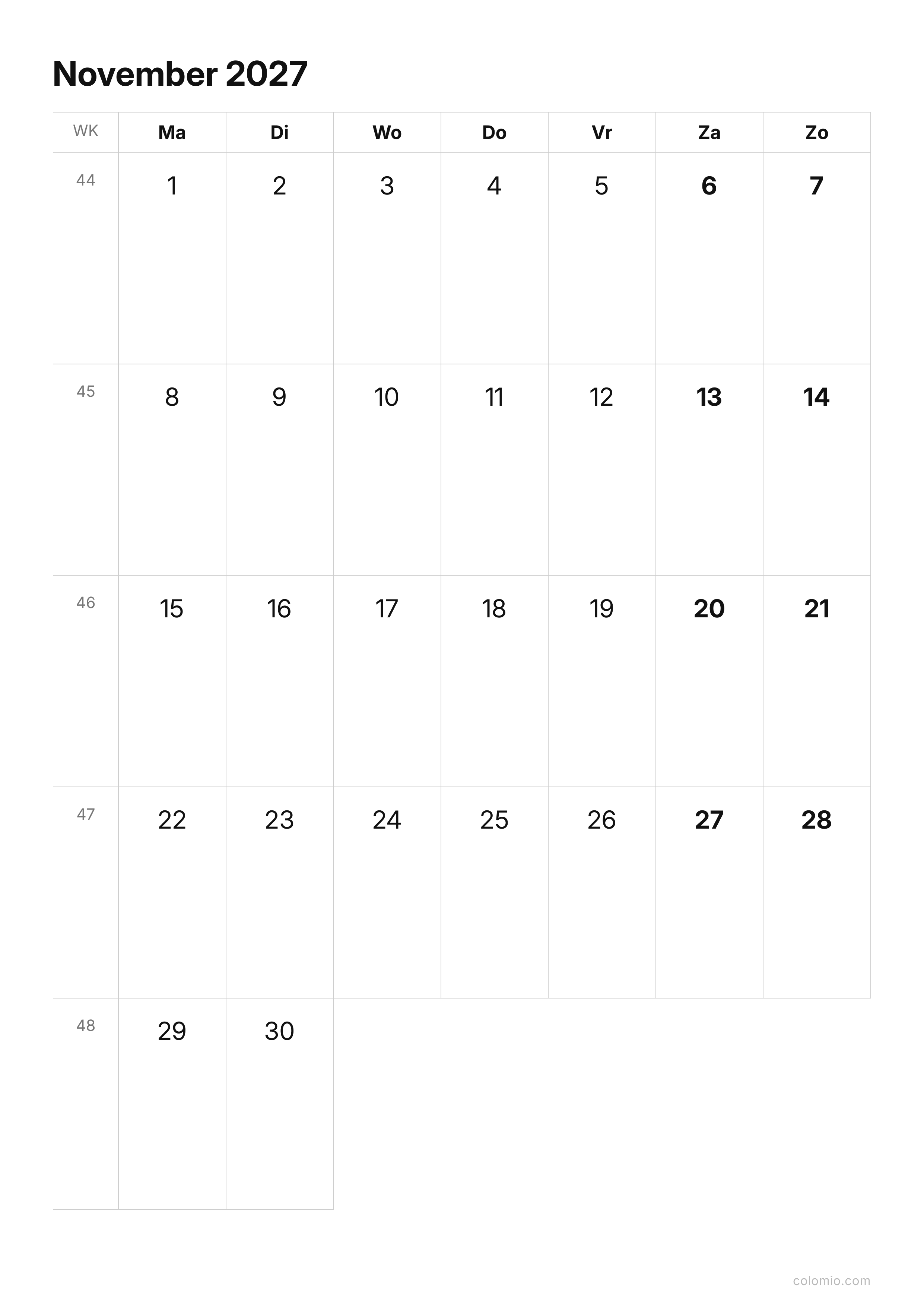 Kalender November 2027 strak · staand, PDF om af te drukken