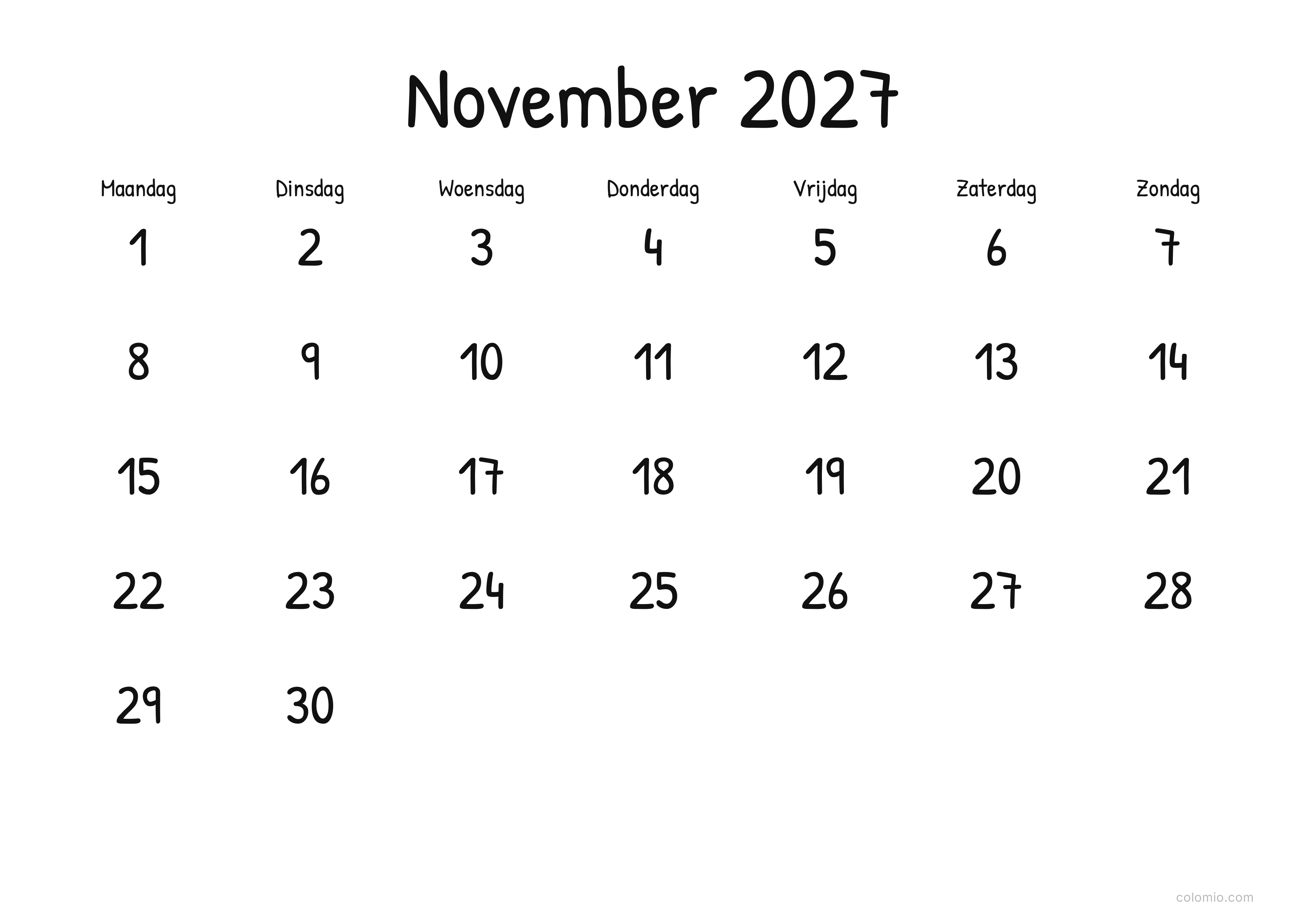 Kalender November 2027 display · liggend, PDF om af te drukken