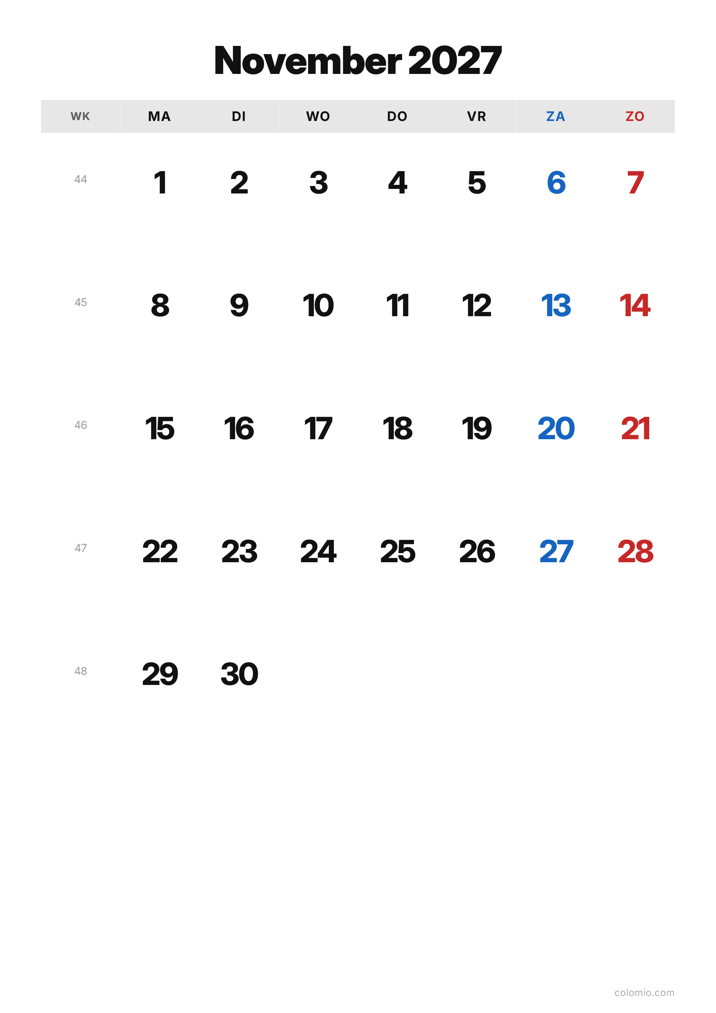 Kalender November 2027 klassiek · staand, PDF om af te drukken