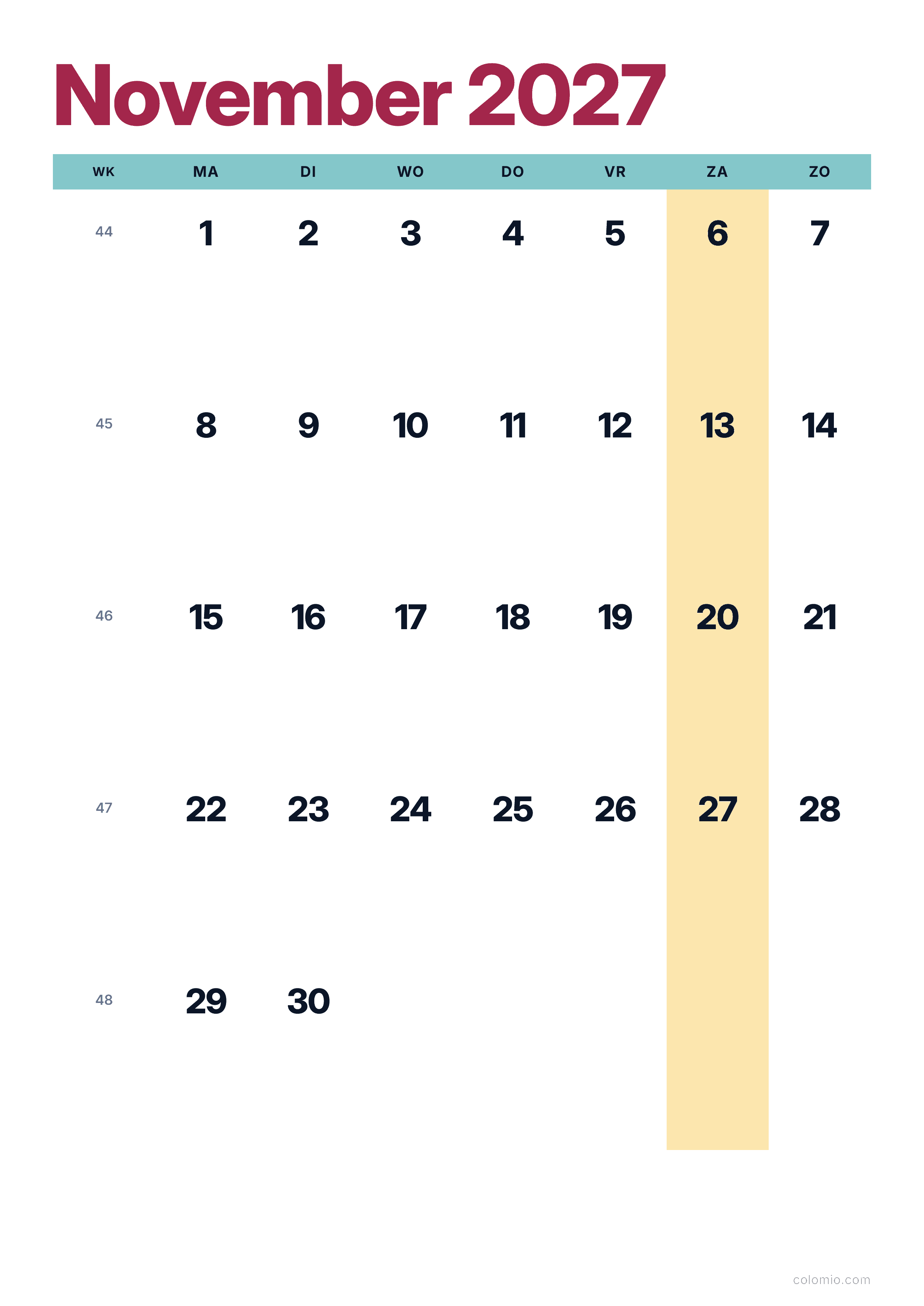 Kalender November 2027 kleurrijk & modern · staand, PDF om af te drukken