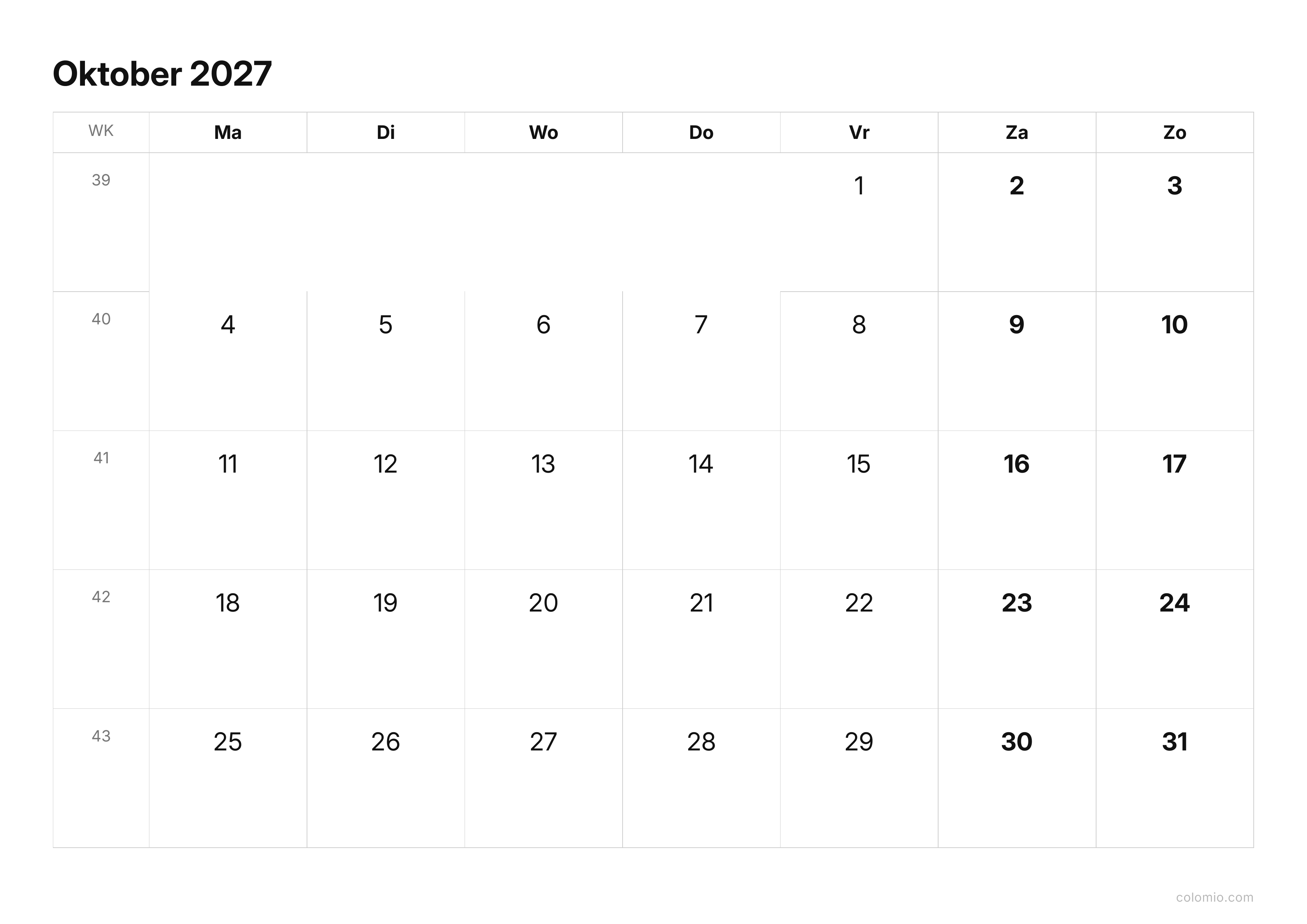 Kalender Oktober 2027 strak · liggend, PDF om af te drukken