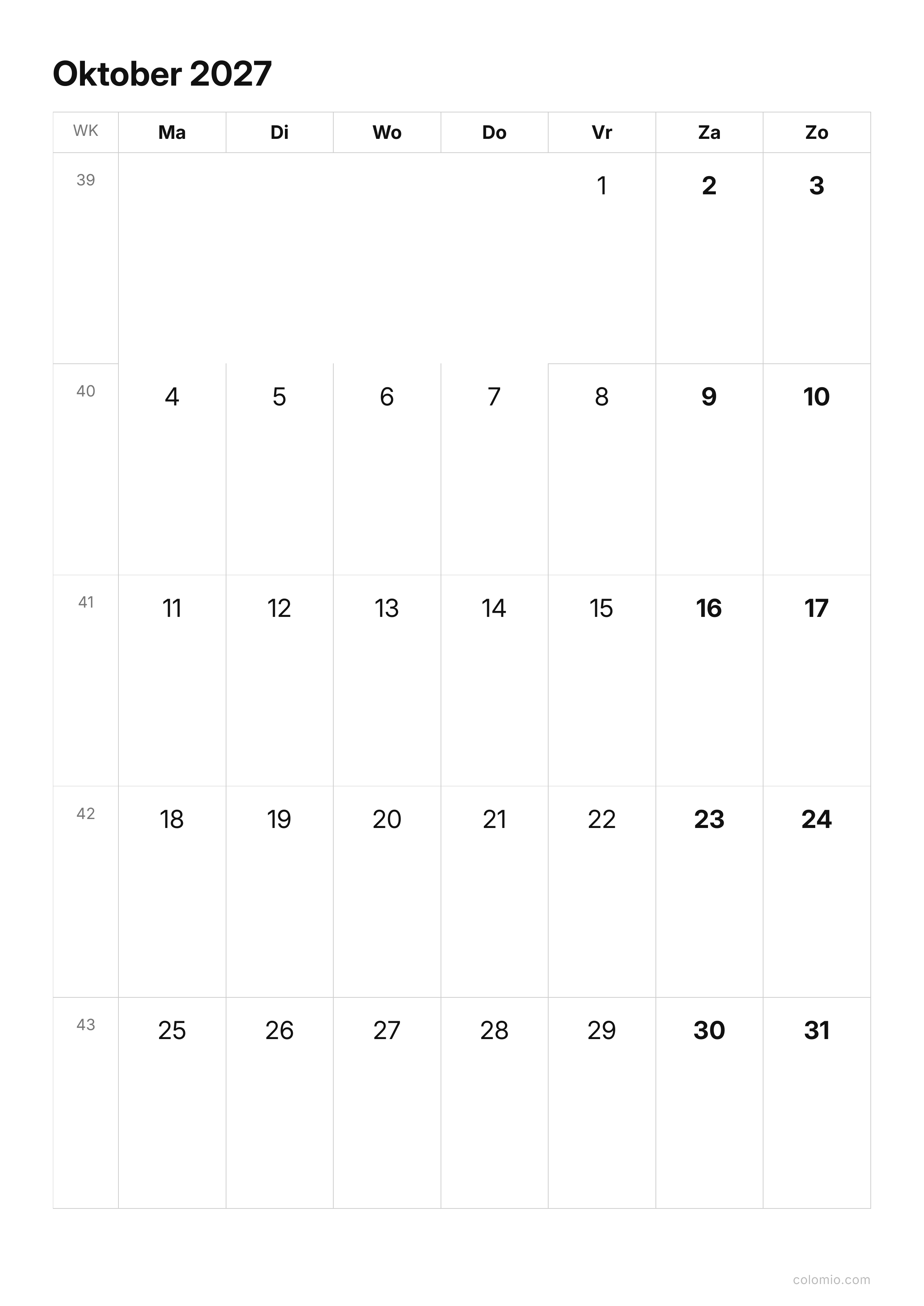 Kalender Oktober 2027 strak · staand, PDF om af te drukken