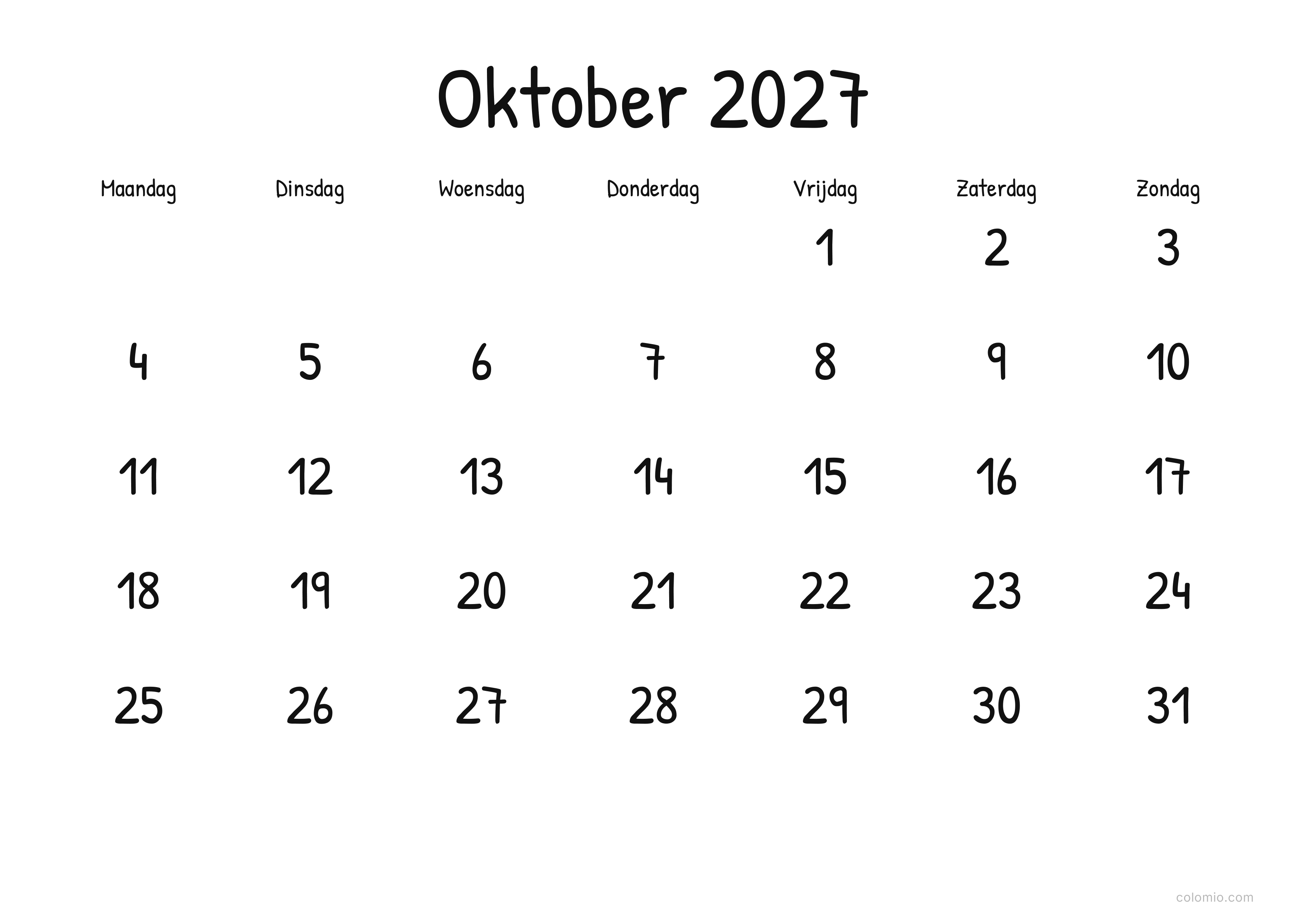 Kalender Oktober 2027 display · liggend, PDF om af te drukken
