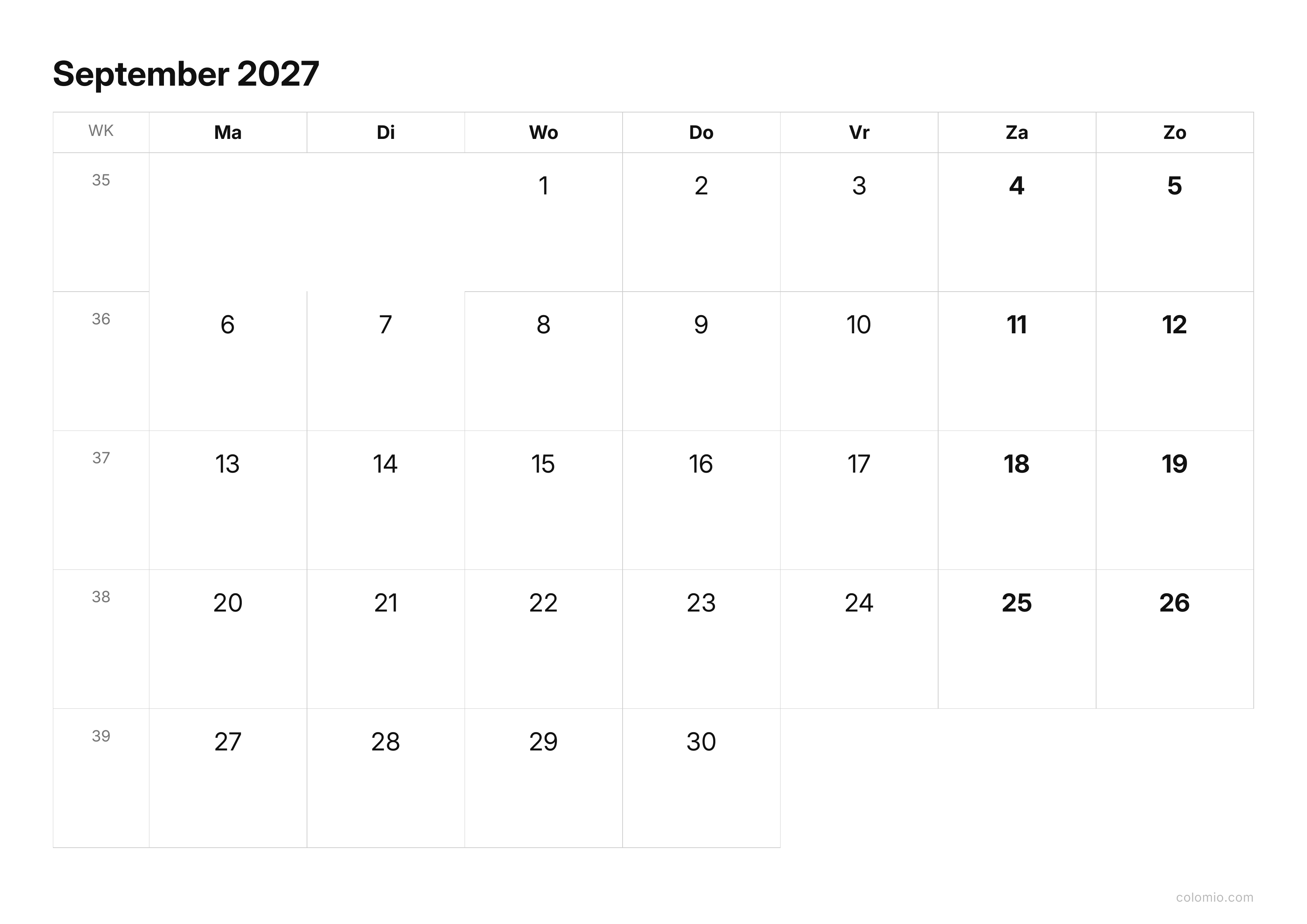 Kalender September 2027 strak · liggend, PDF om af te drukken