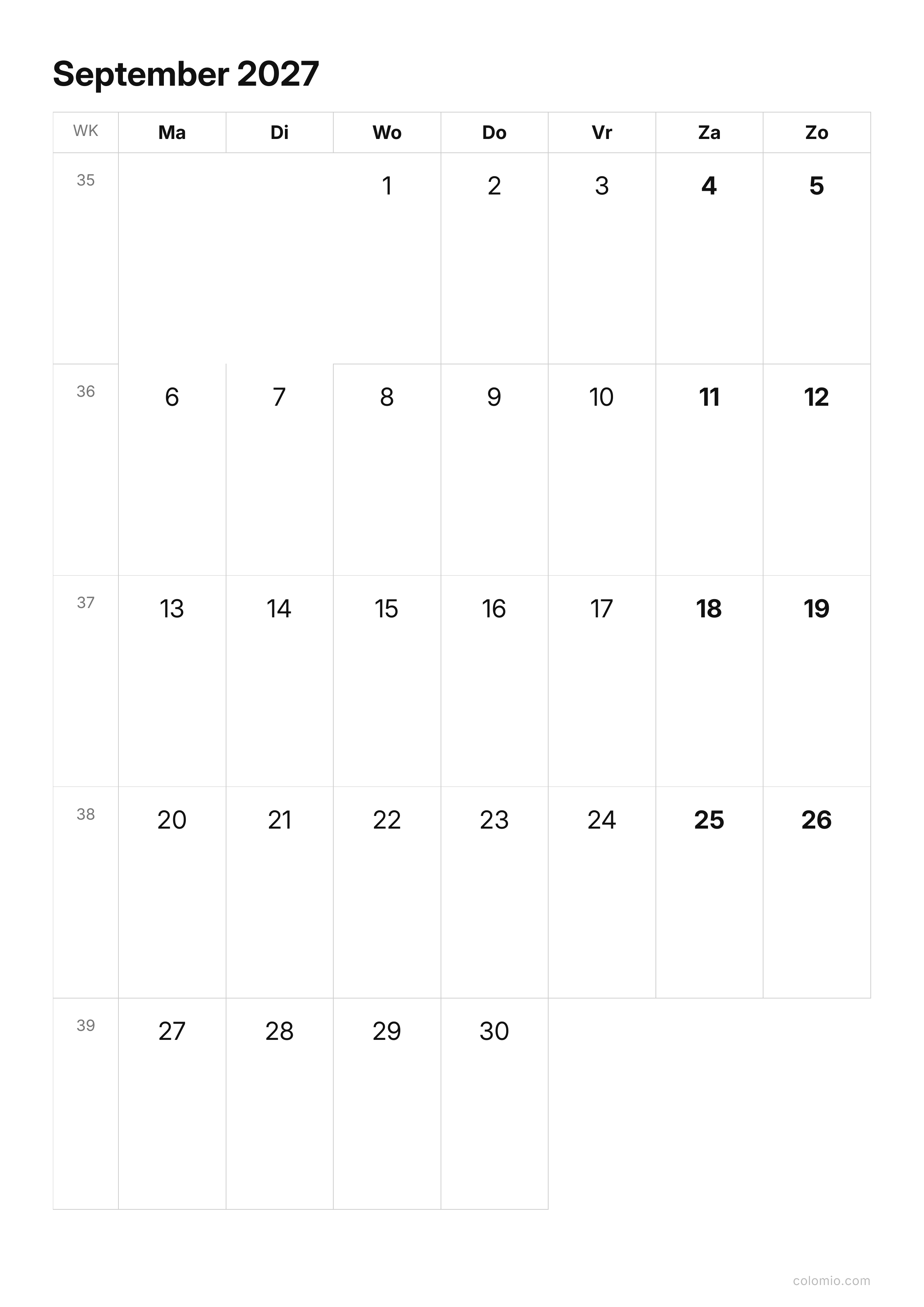 Kalender September 2027 strak · staand, PDF om af te drukken