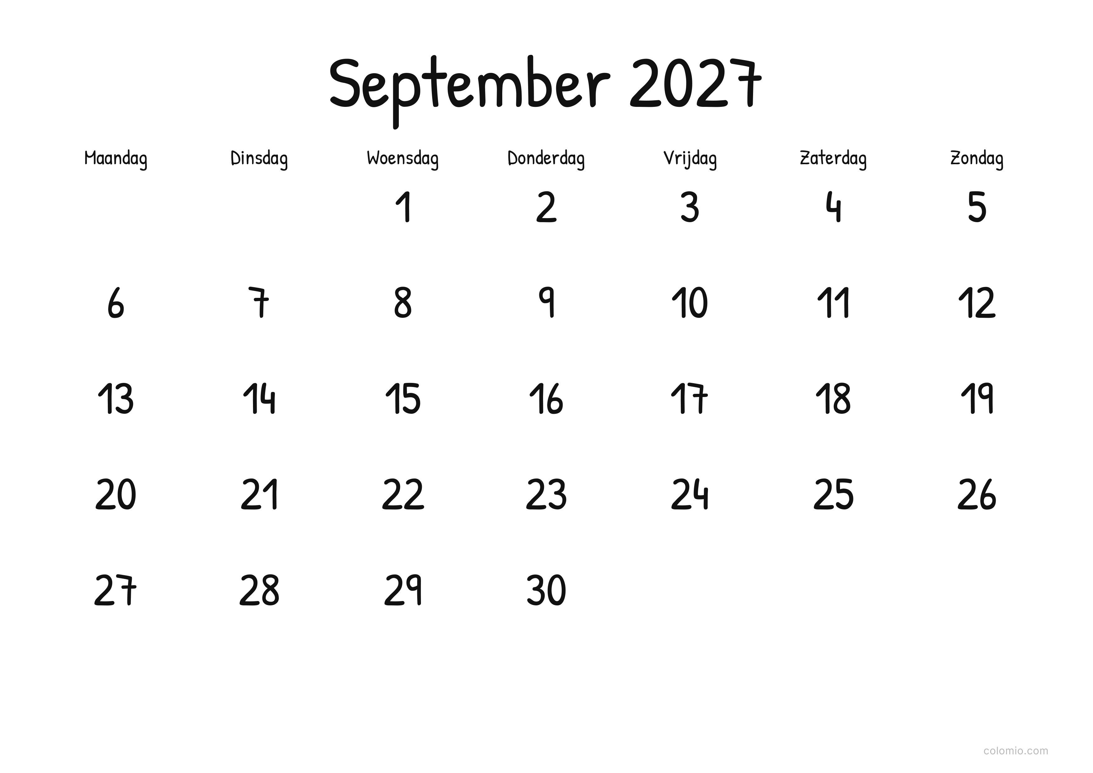Kalender September 2027 display · liggend, PDF om af te drukken