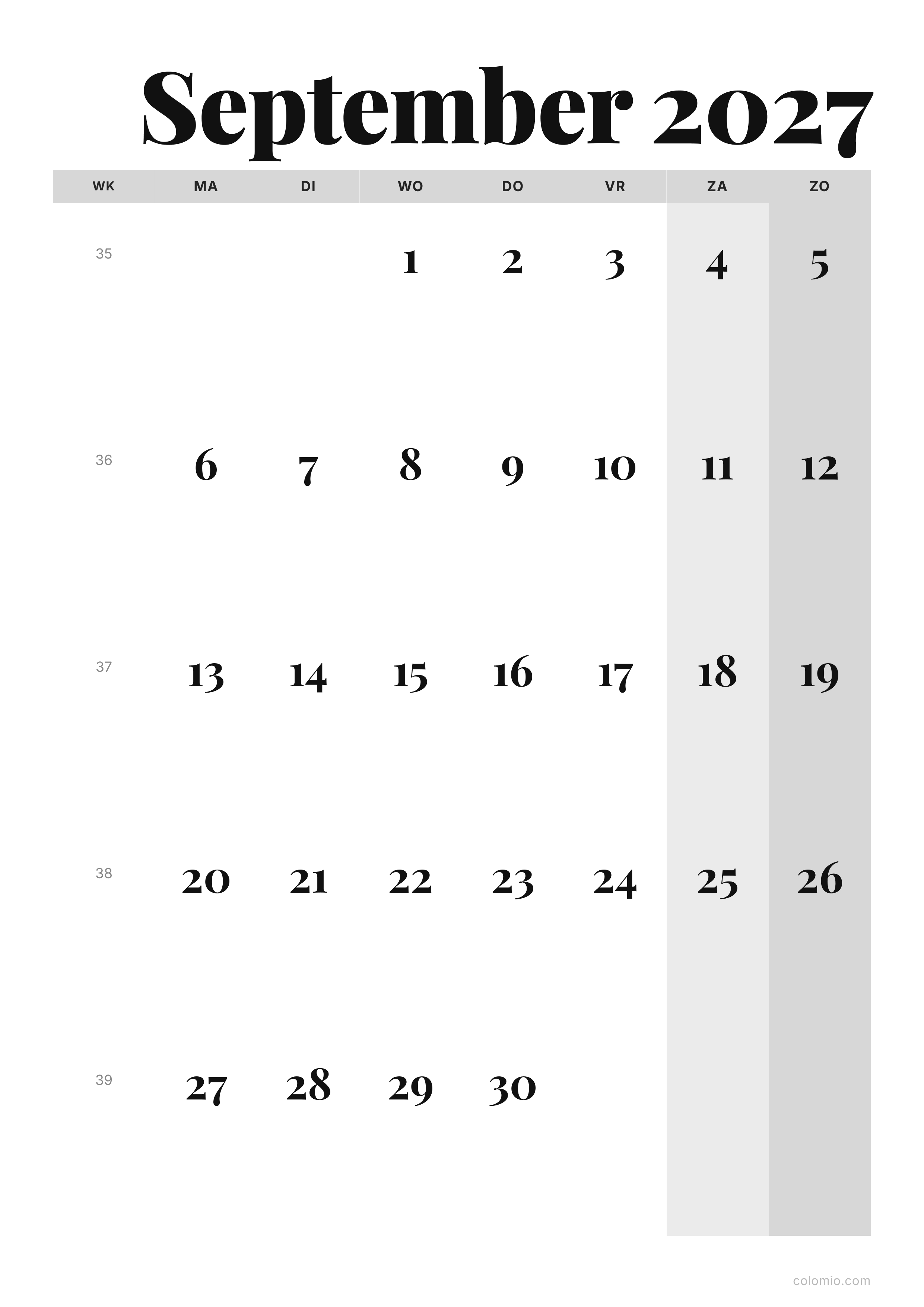 Kalender September 2027 editorial · staand, PDF om af te drukken