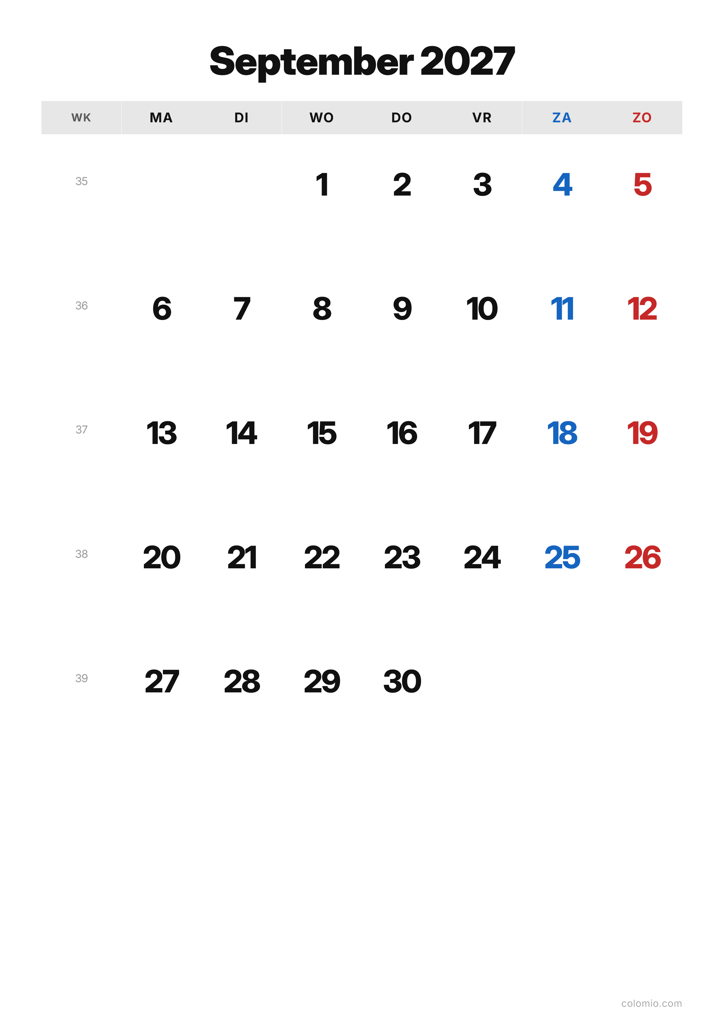 Kalender September 2027 klassiek · staand, PDF om af te drukken