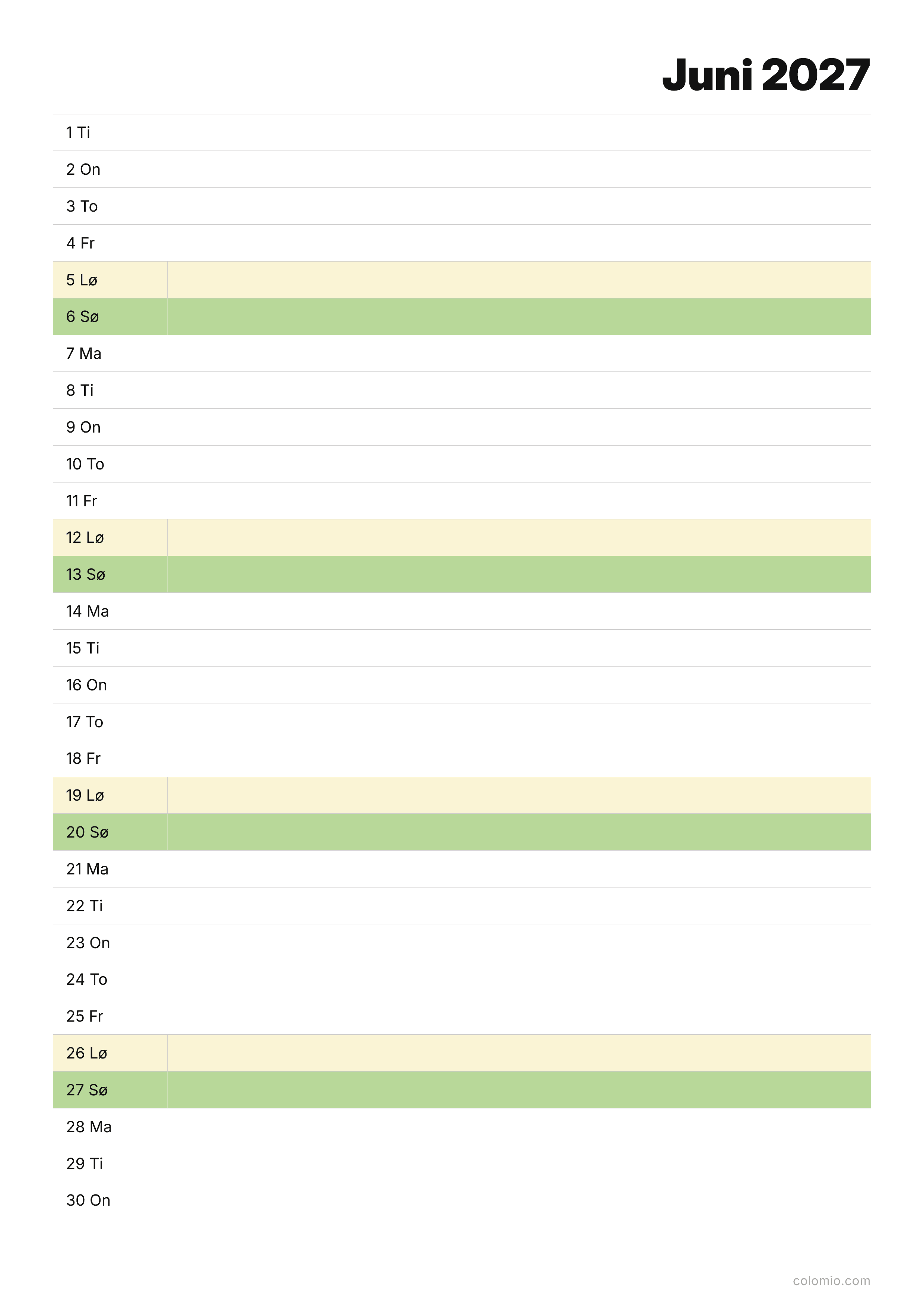 Kalender Juni 2027 agenda · stående, PDF til utskrift