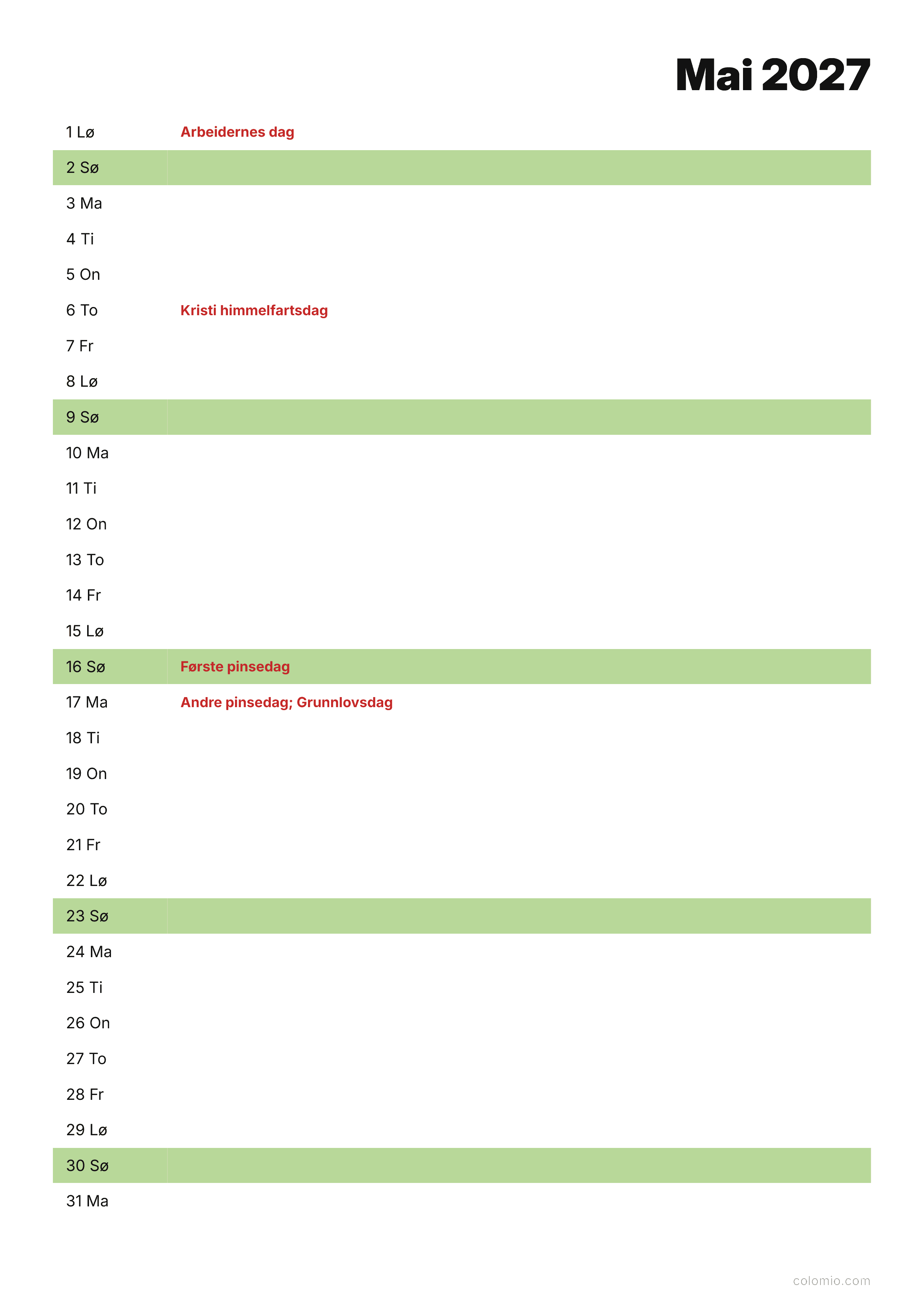 Kalender Mai 2027 agenda · stående, PDF til utskrift