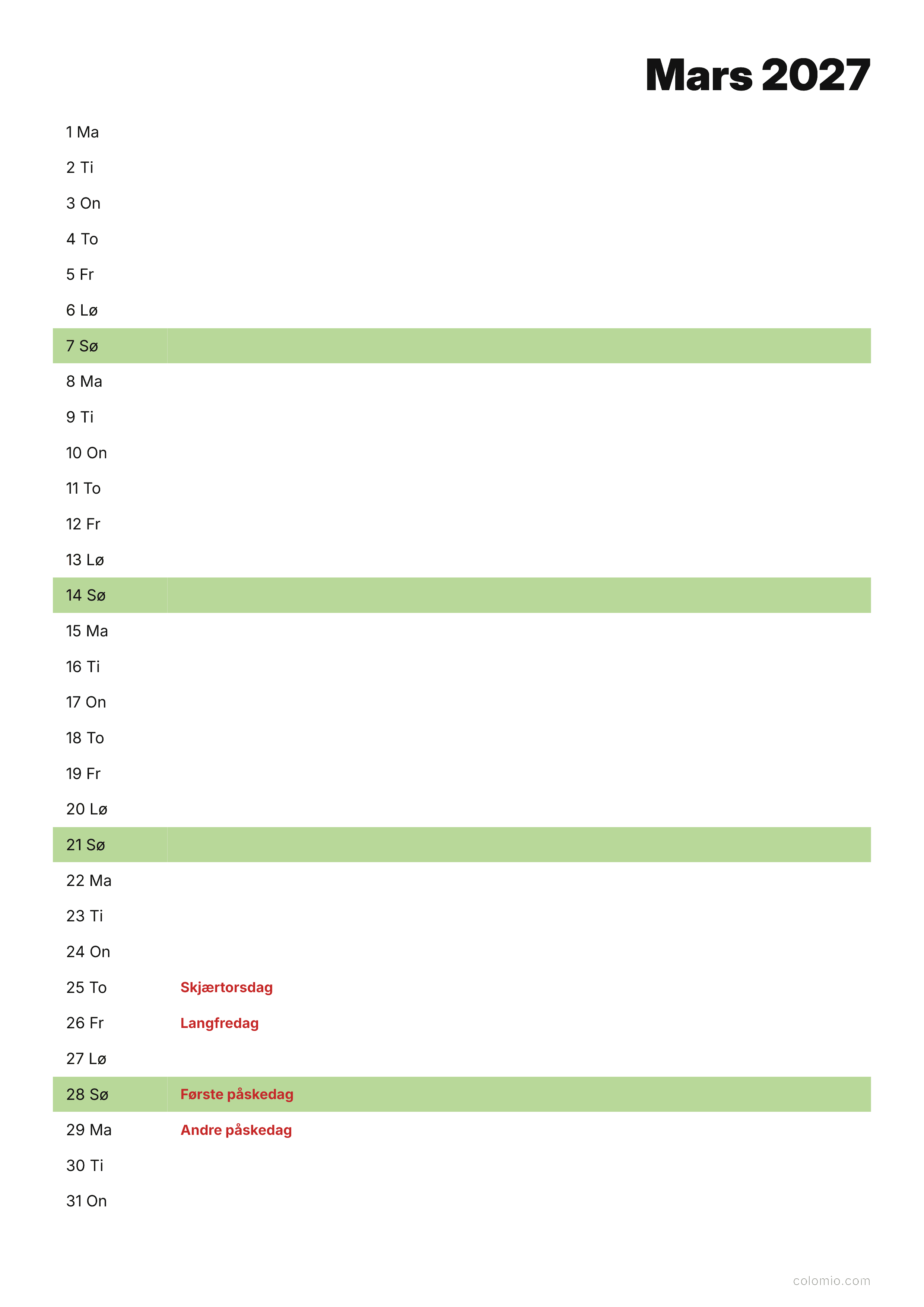 Kalender Mars 2027 agenda · stående, PDF til utskrift