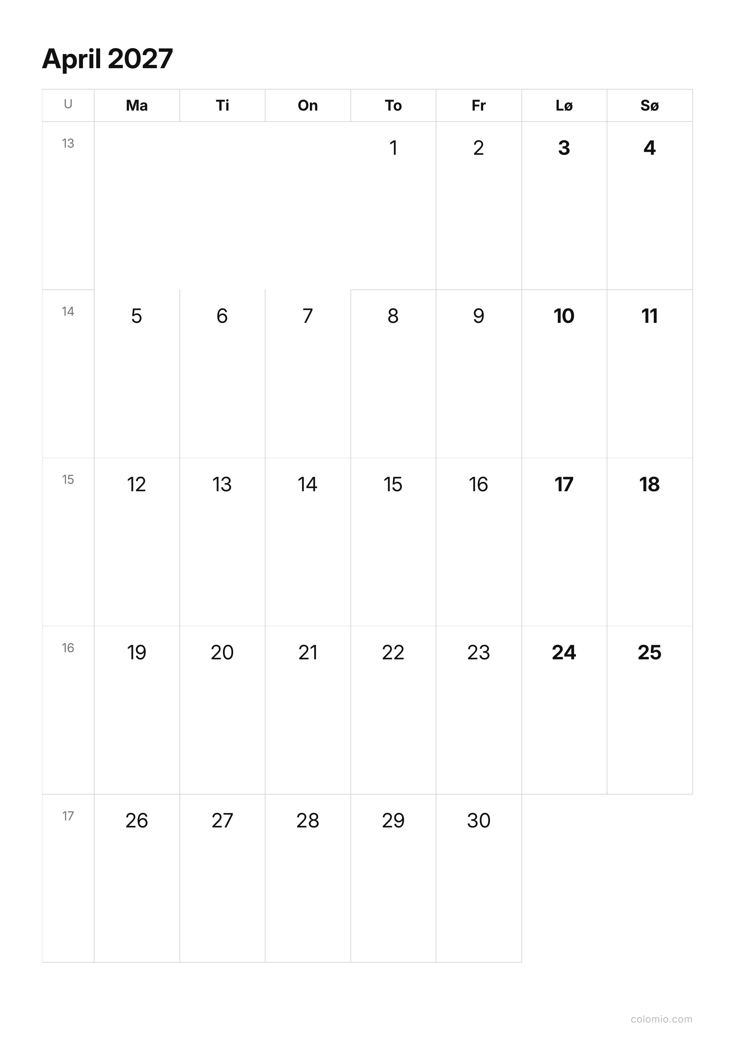 Kalender April 2027 enkel · stående, PDF til utskrift