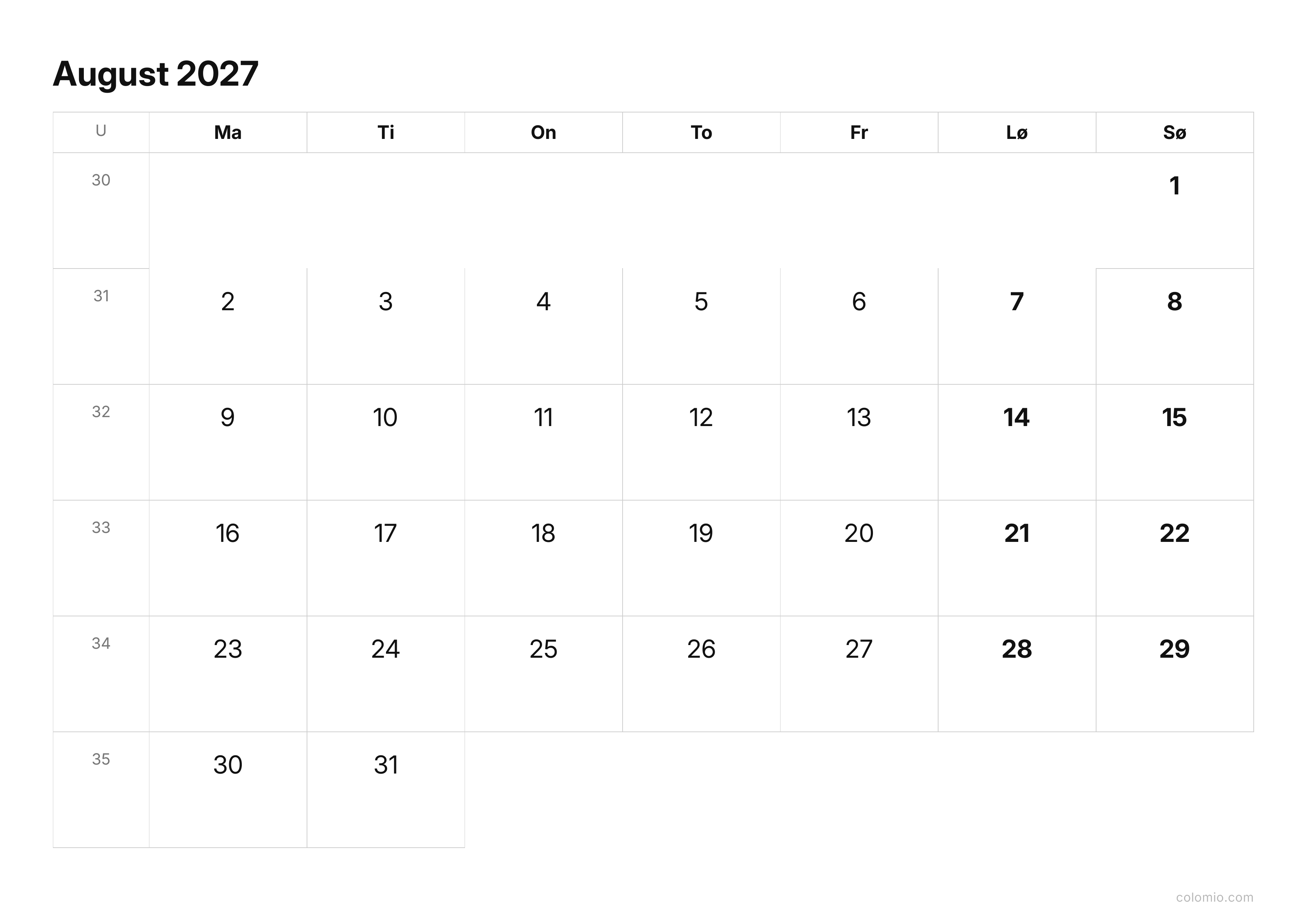Kalender August 2027 enkel · liggende, PDF til utskrift