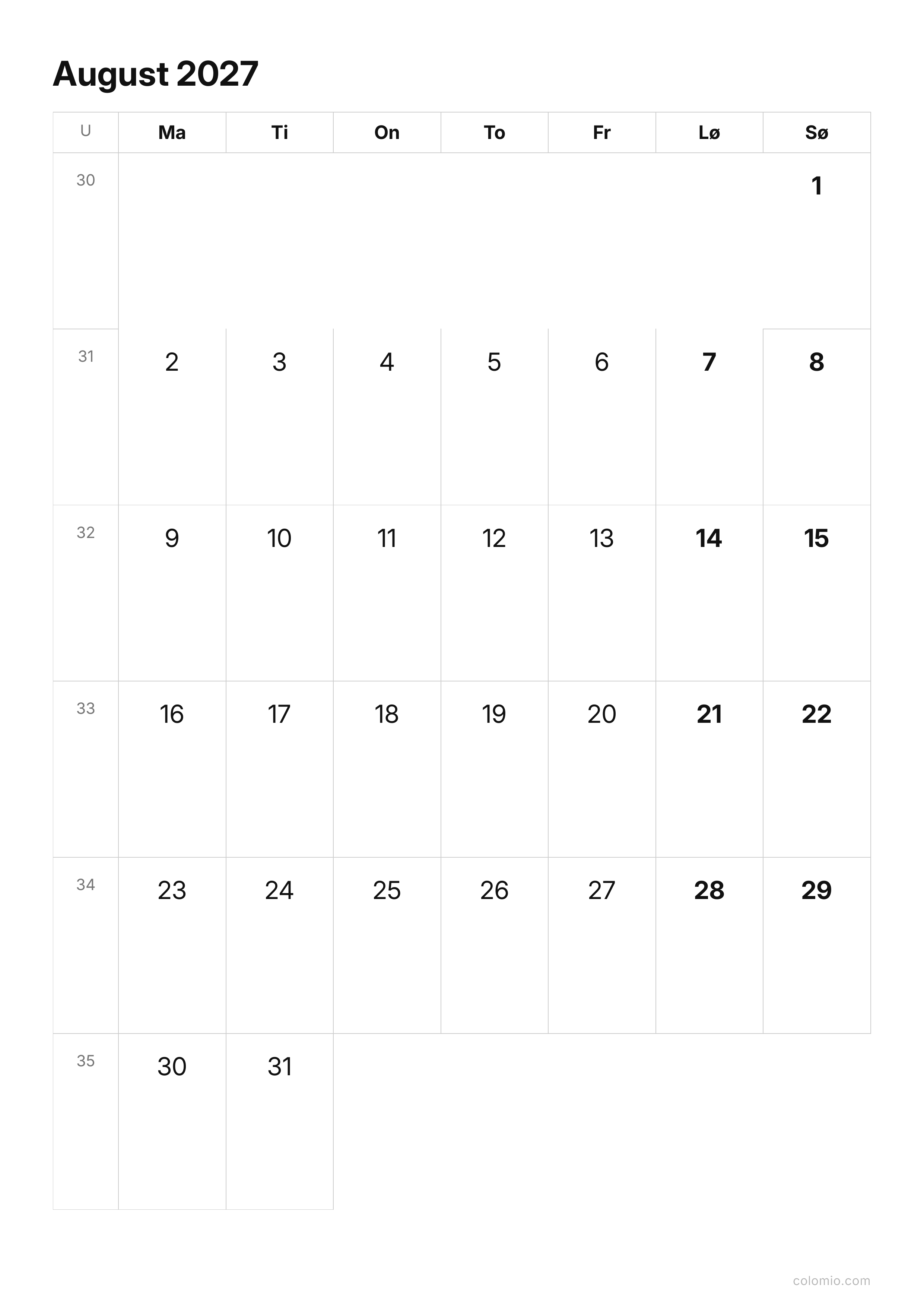 Kalender August 2027 enkel · stående, PDF til utskrift