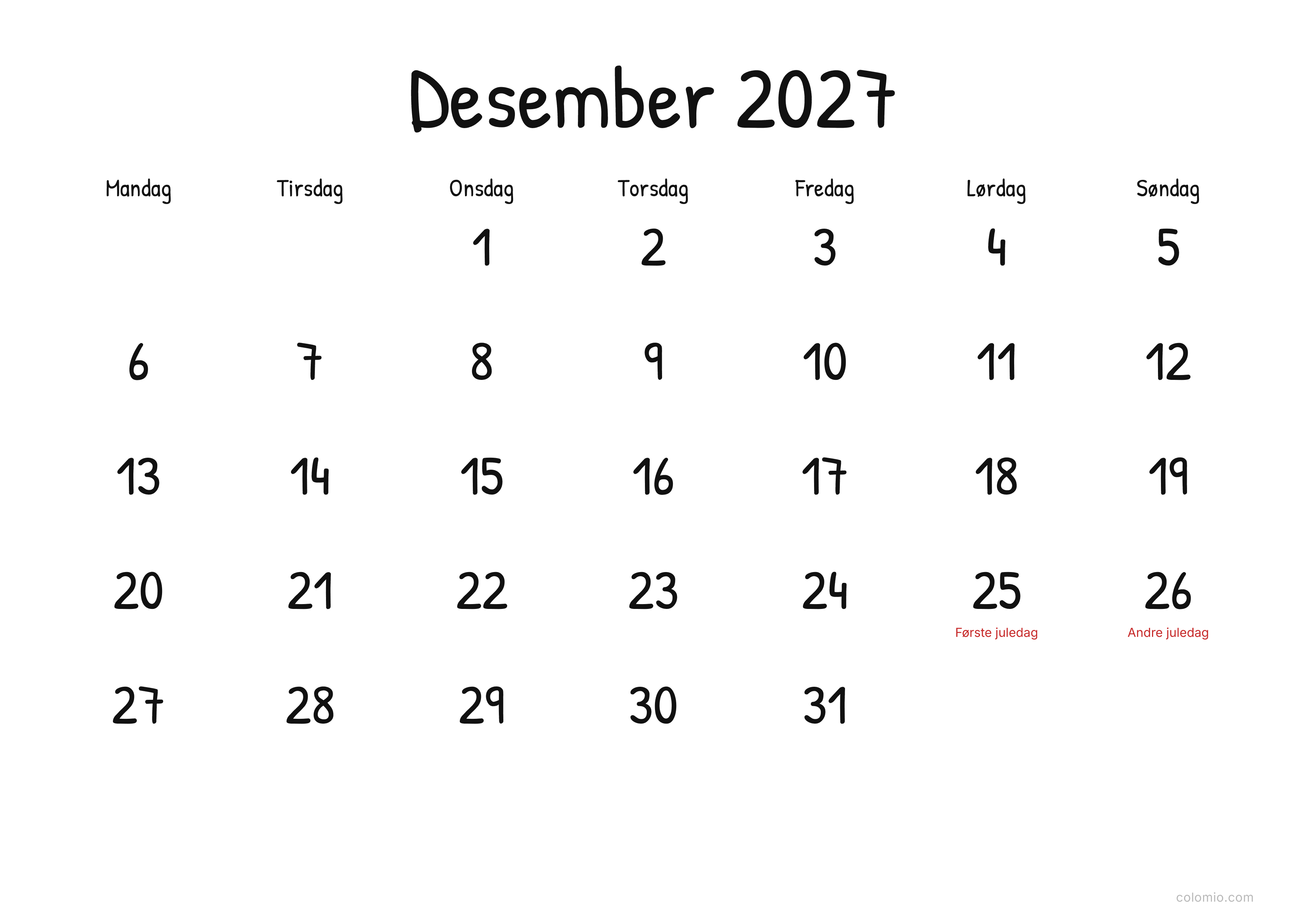 Kalender Desember 2027 display · liggende, PDF til utskrift