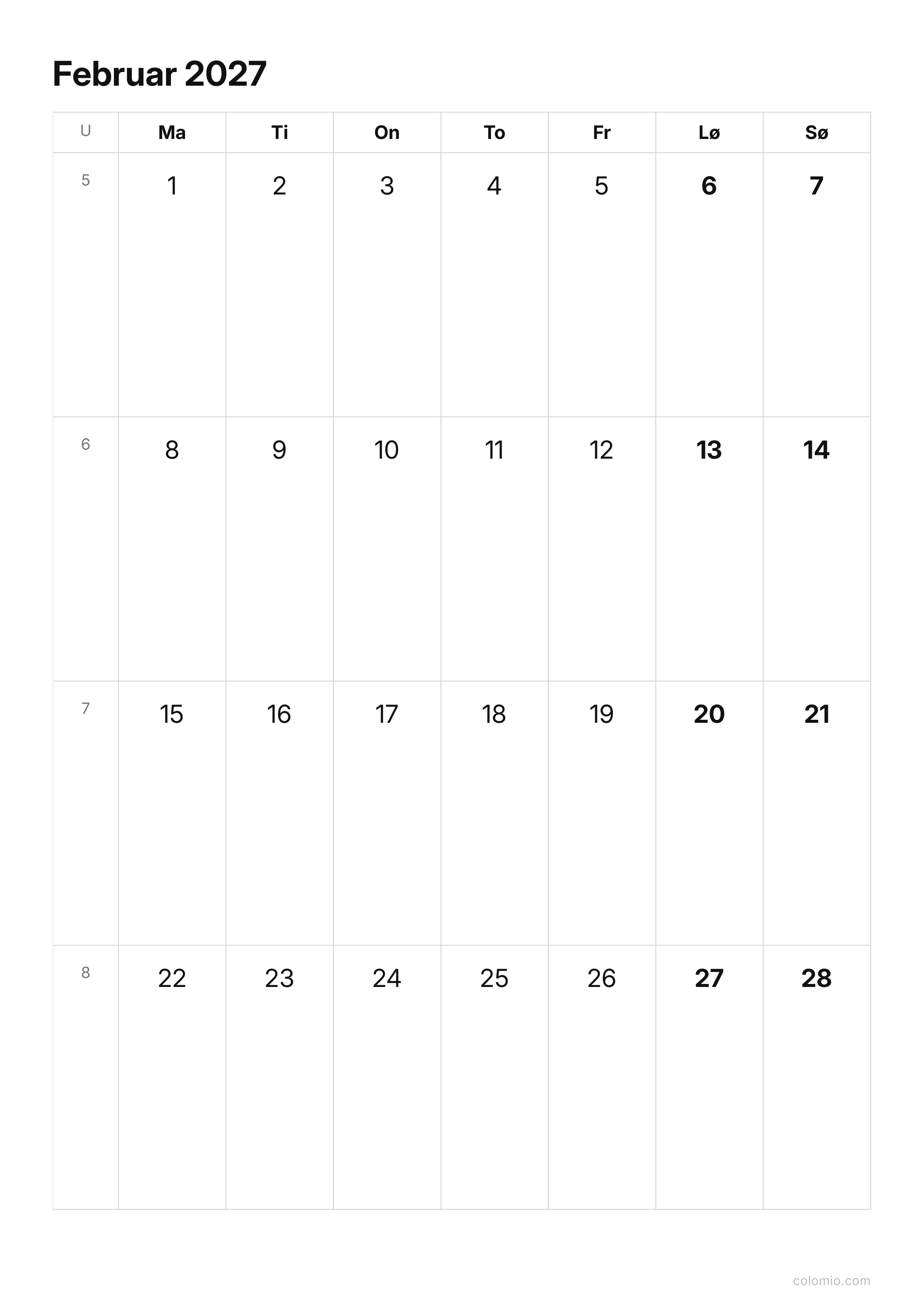 Kalender Februar 2027 enkel · stående, PDF til utskrift