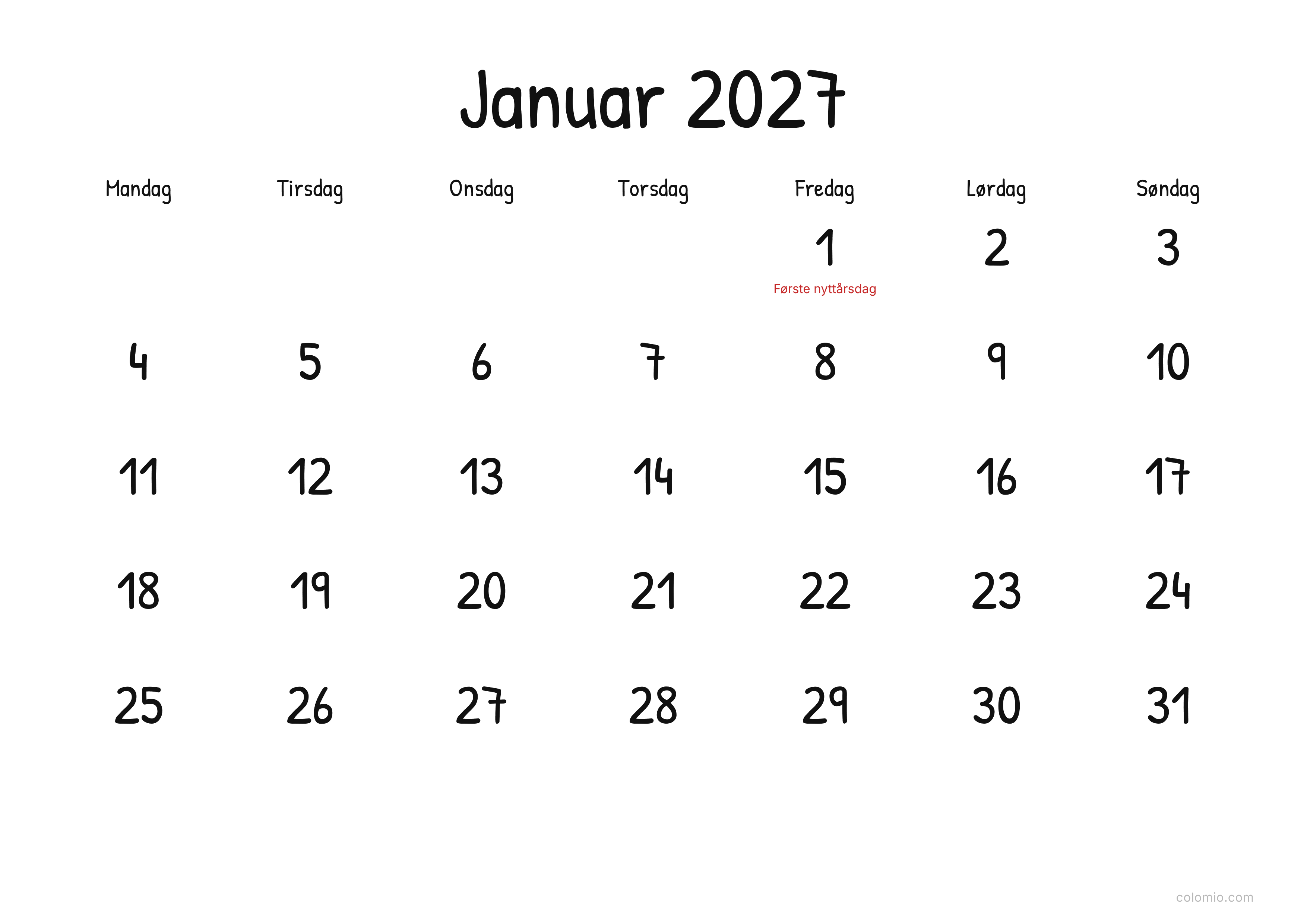 Kalender Januar 2027 display · liggende, PDF til utskrift