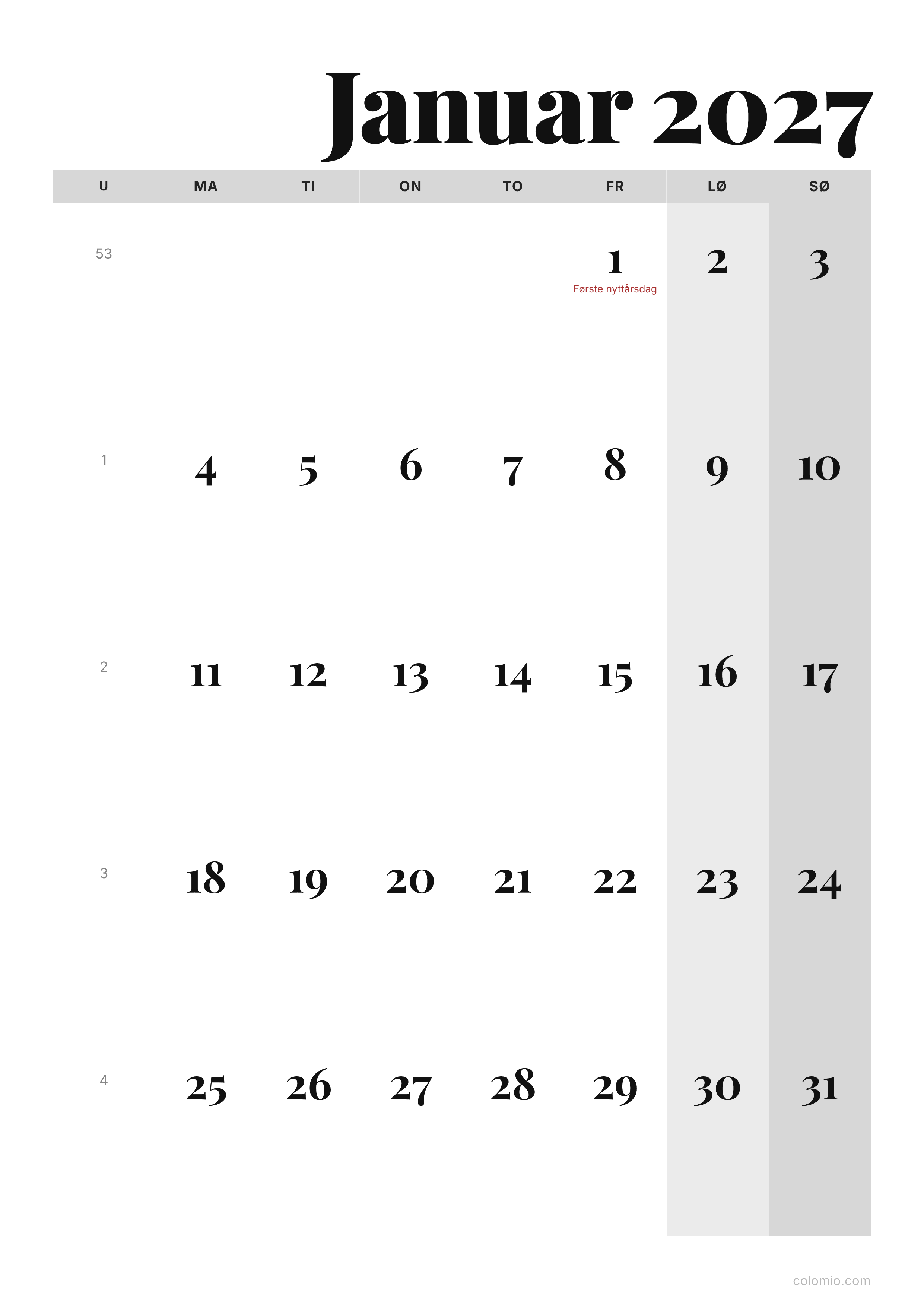 Kalender Januar 2027 redaksjonell · stående, PDF til utskrift