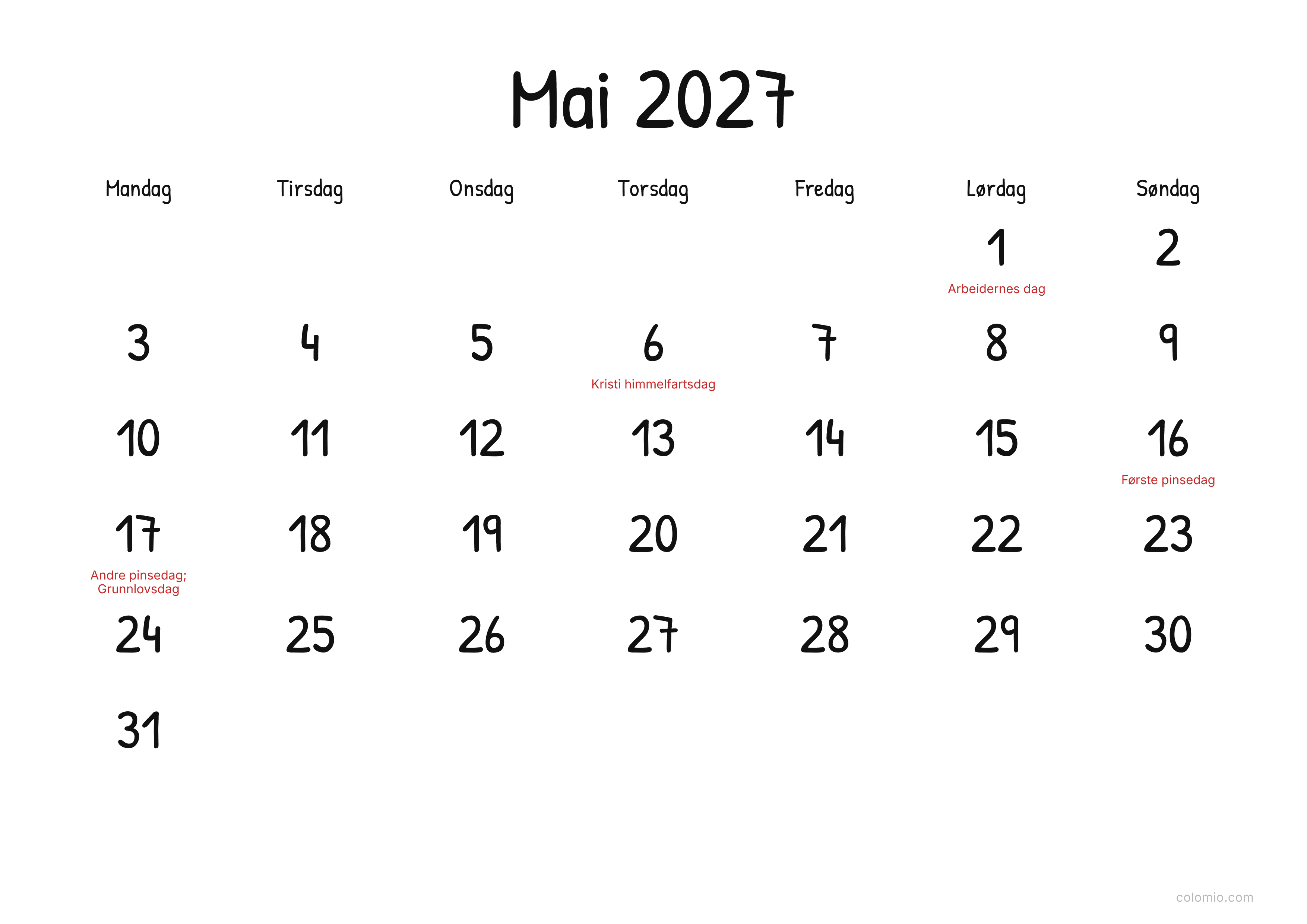 Kalender Mai 2027 display · liggende, PDF til utskrift