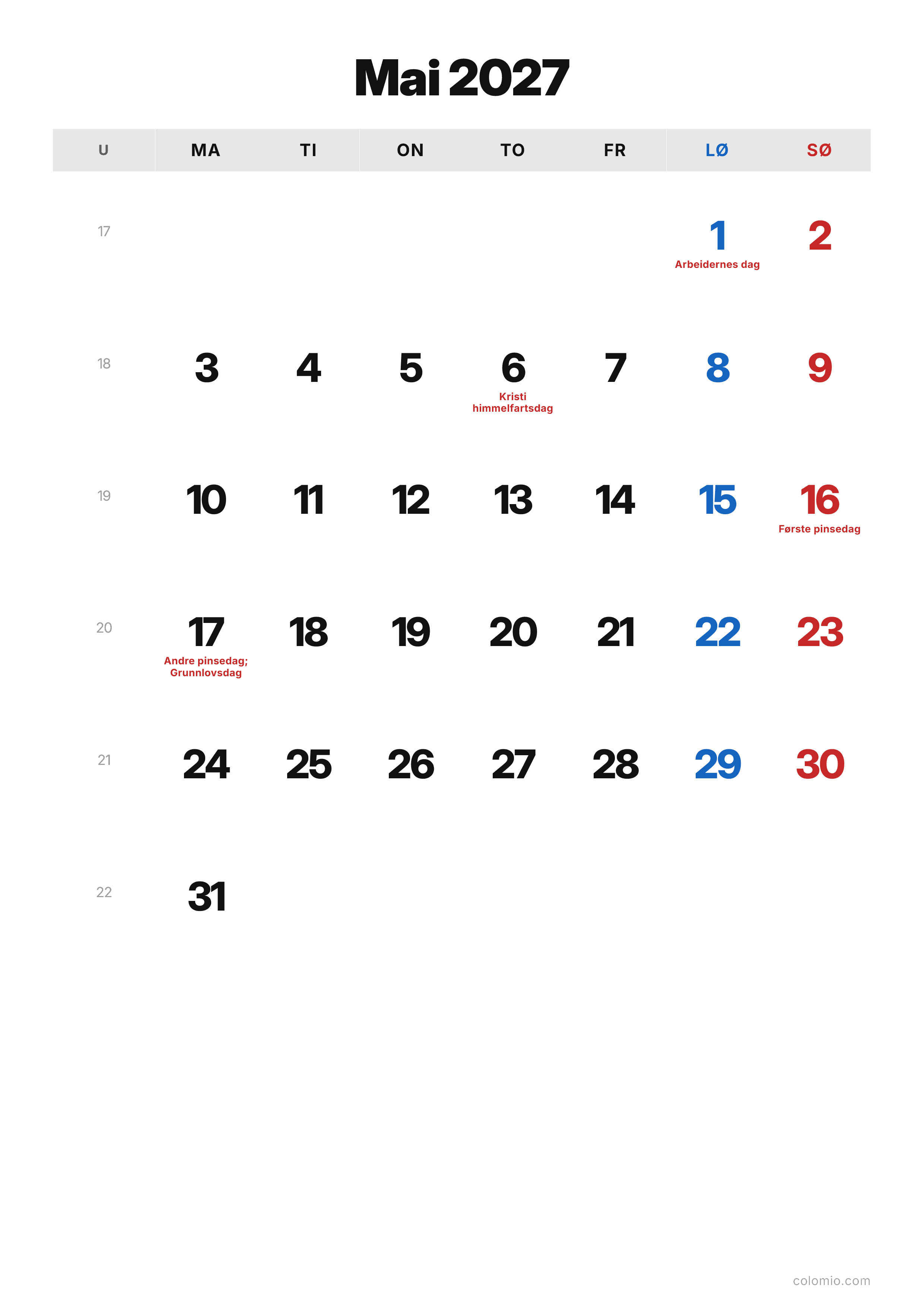 Kalender Mai 2027 klassisk · stående, PDF til utskrift