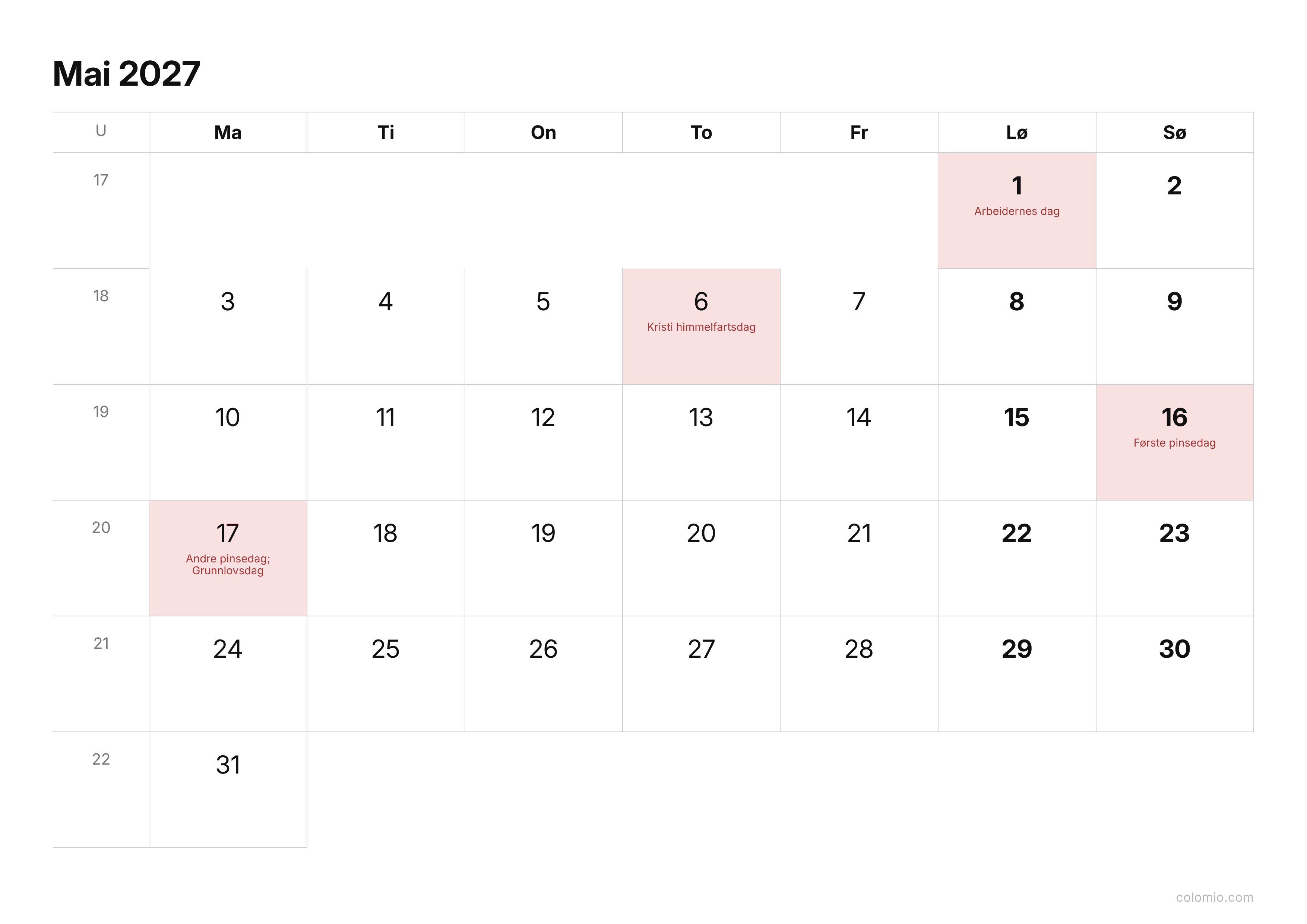Kalender Mai 2027 enkel · liggende, PDF til utskrift