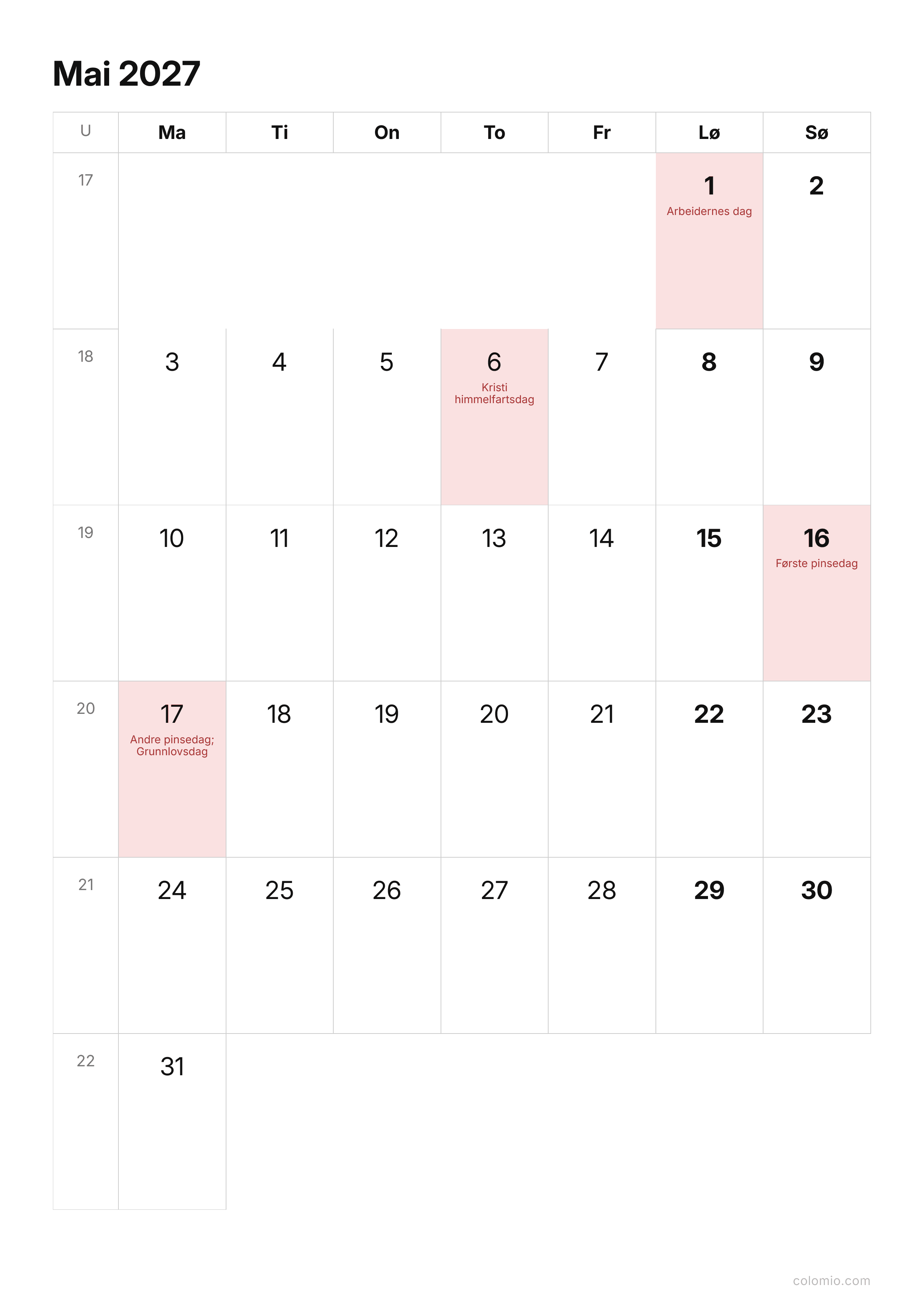 Kalender Mai 2027 enkel · stående, PDF til utskrift