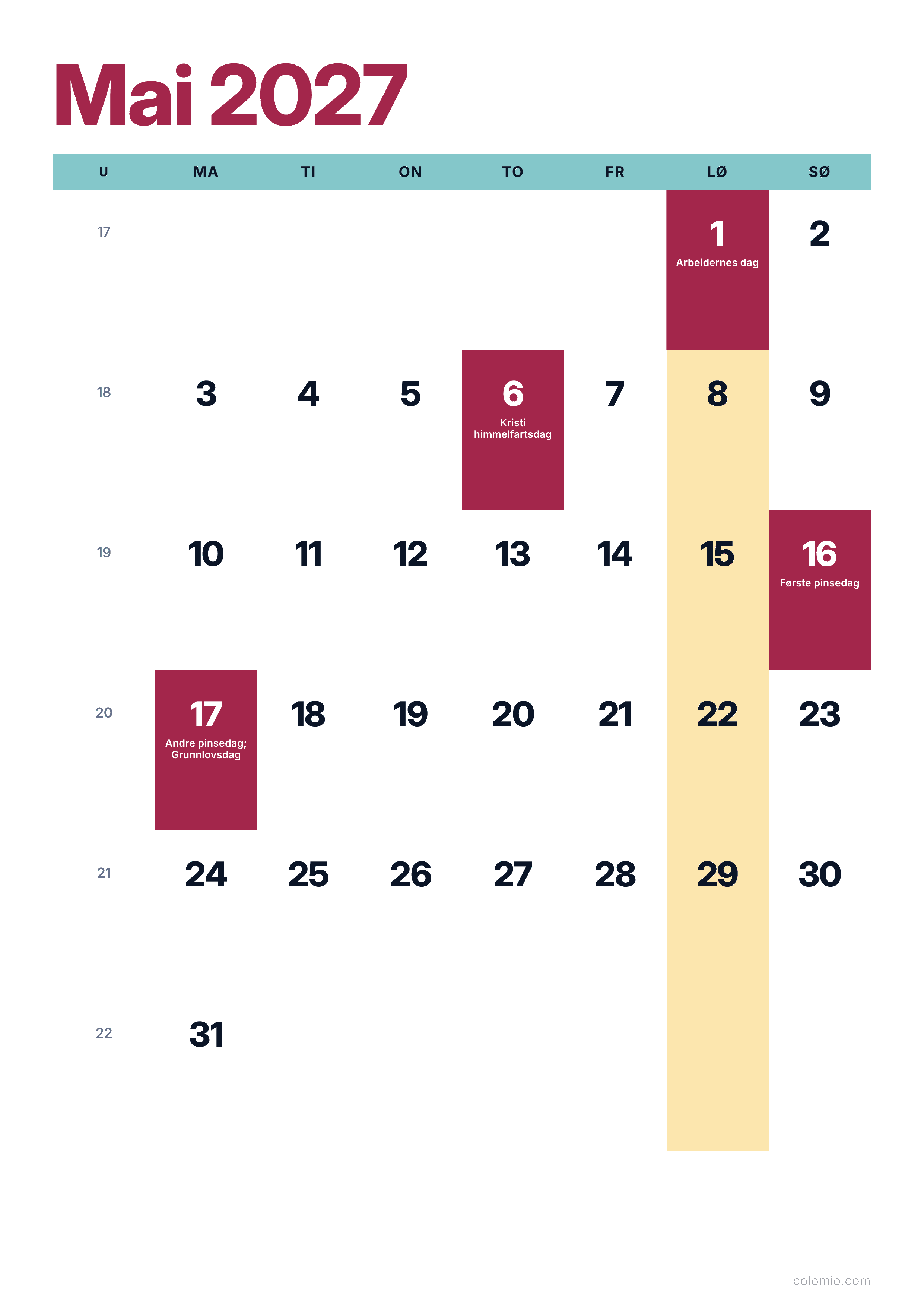 Kalender Mai 2027 fargerik & moderne · stående, PDF til utskrift