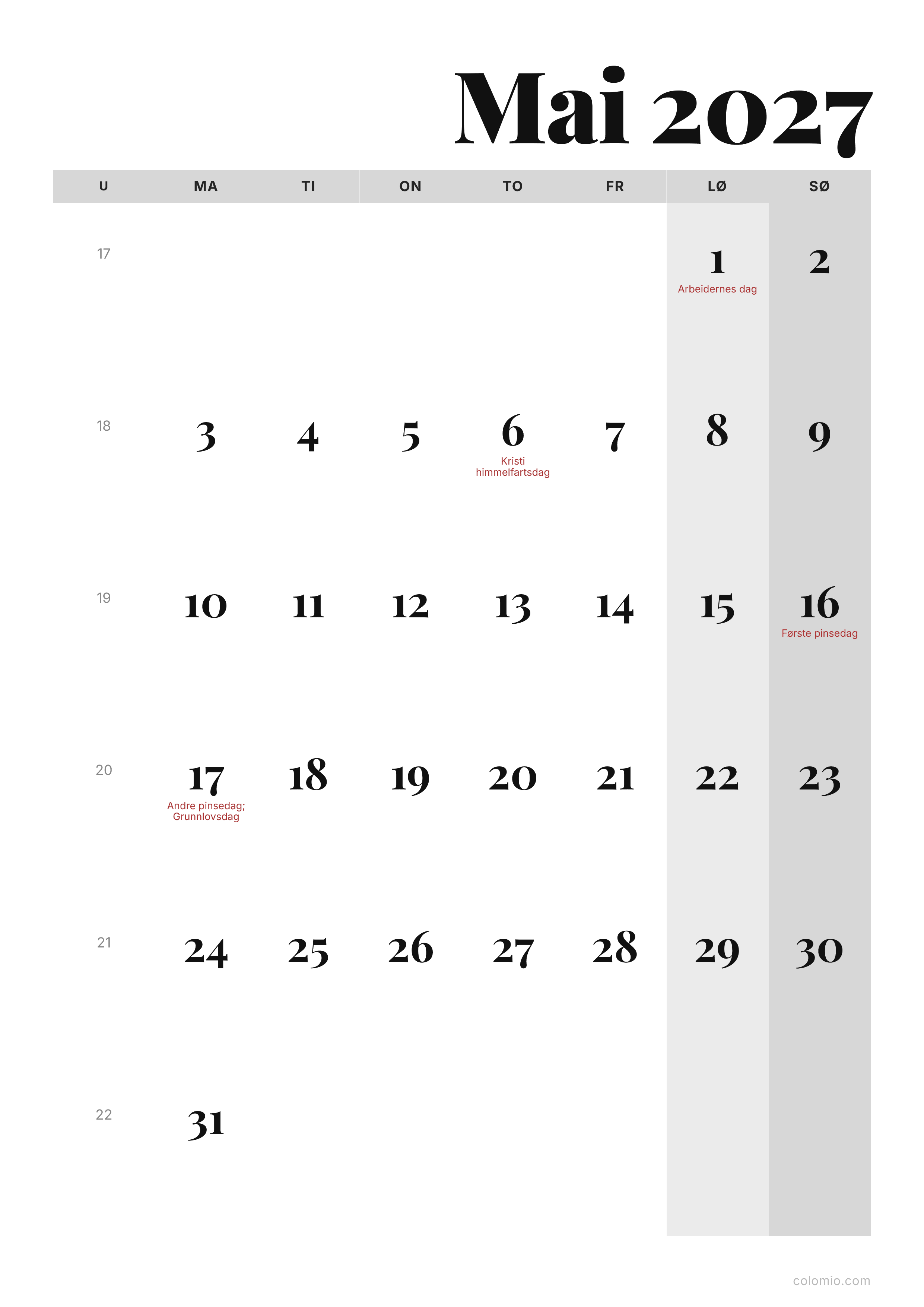 Kalender Mai 2027 redaksjonell · stående, PDF til utskrift