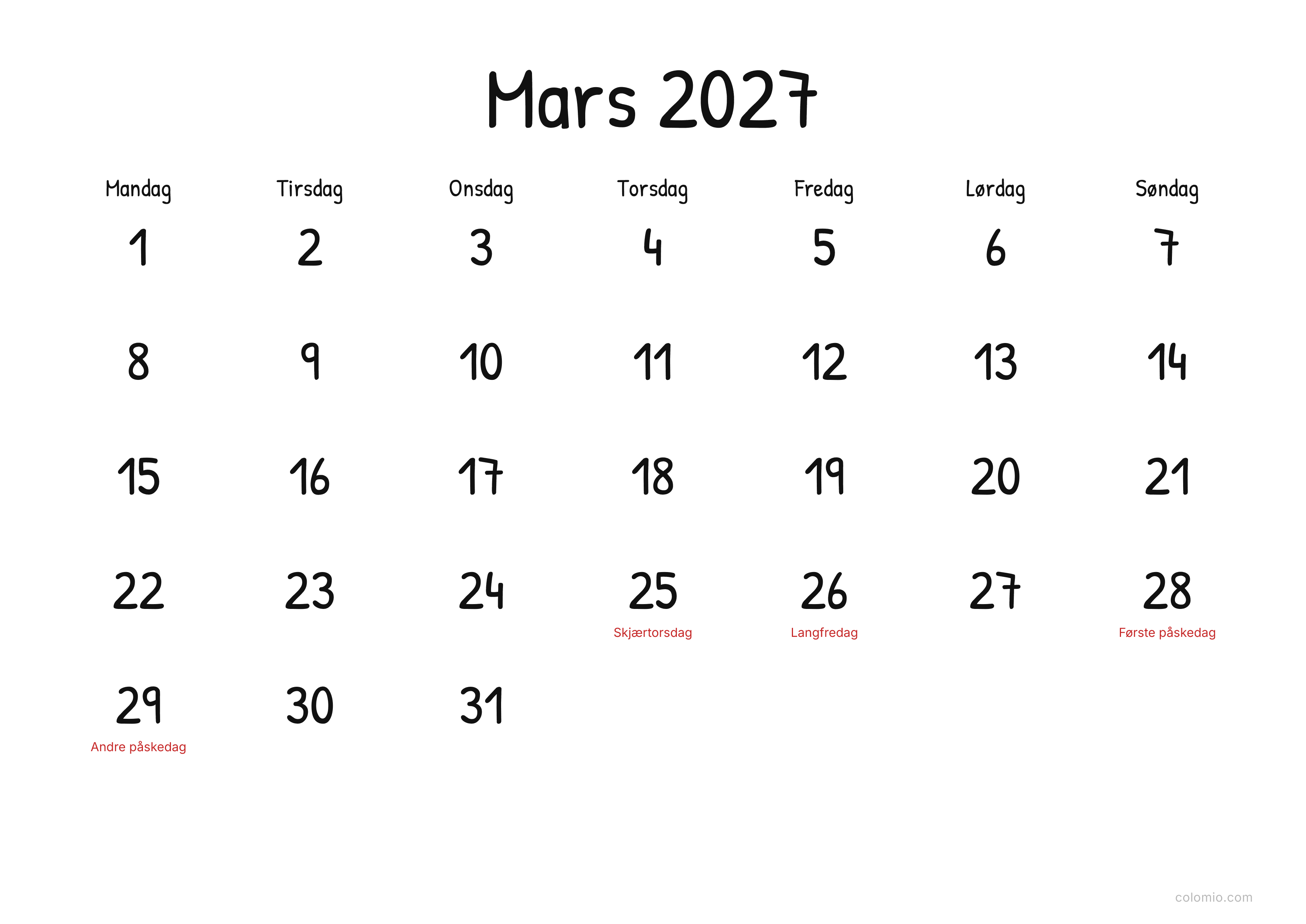 Kalender Mars 2027 display · liggende, PDF til utskrift