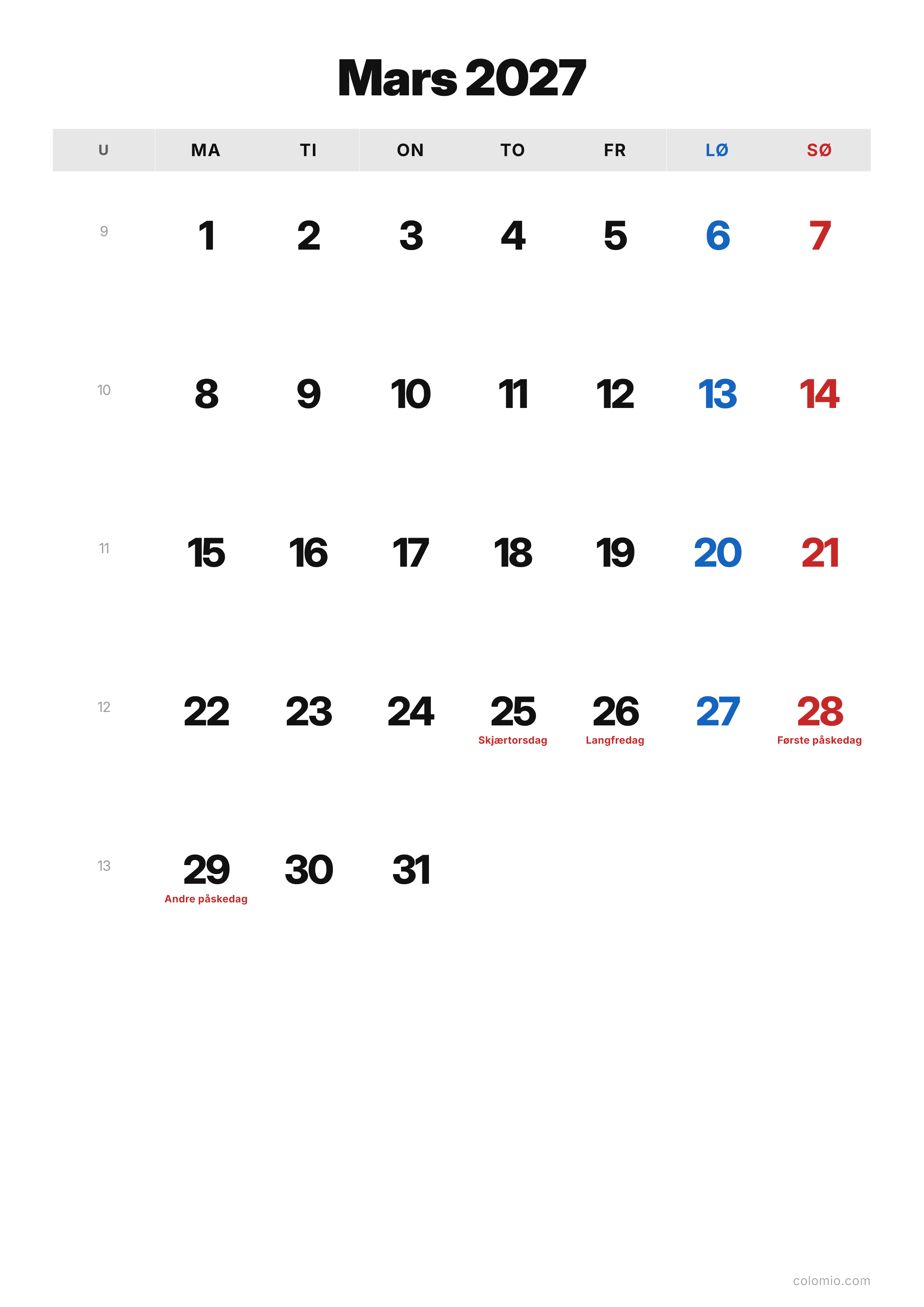 Kalender Mars 2027 klassisk · stående, PDF til utskrift