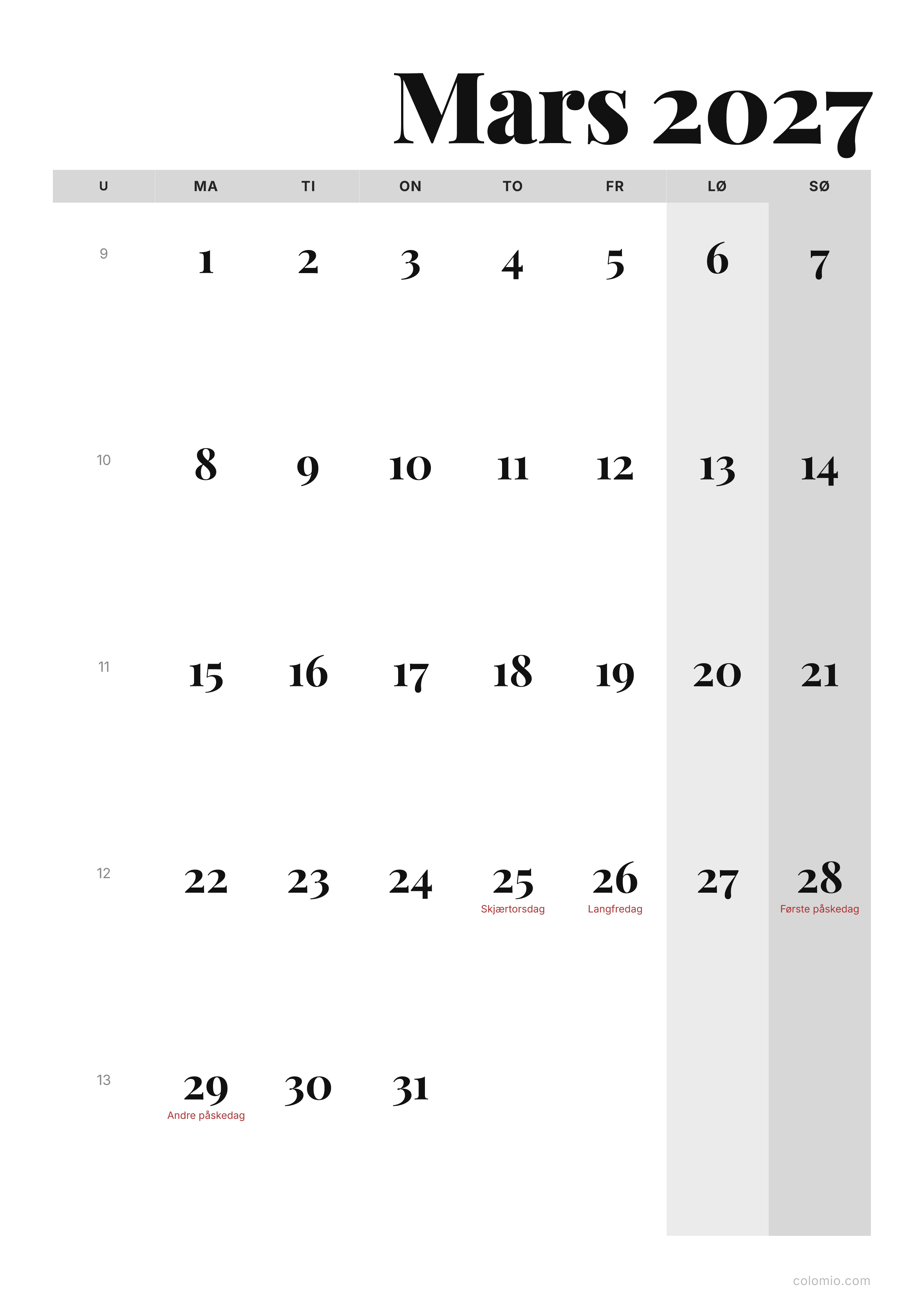 Kalender Mars 2027 redaksjonell · stående, PDF til utskrift