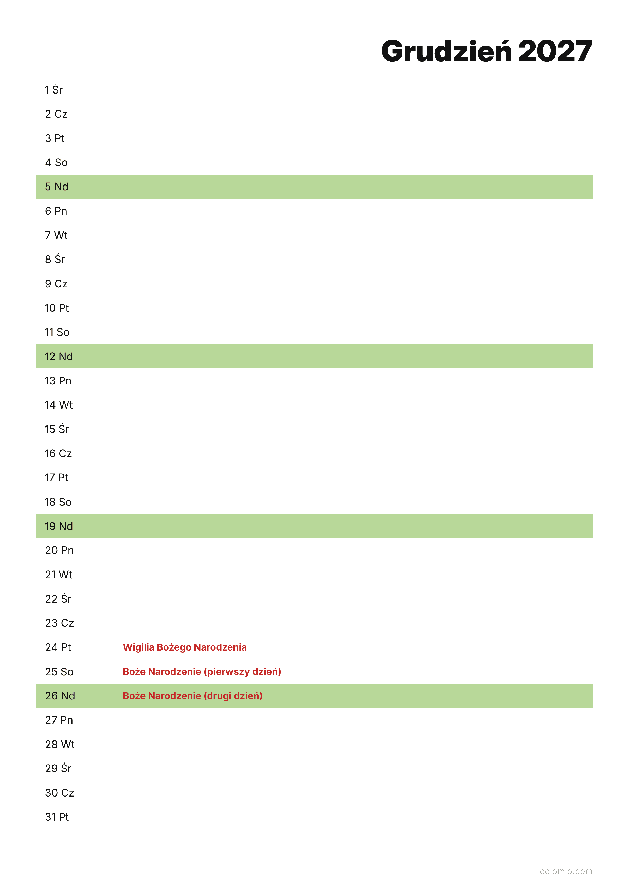 Kalendarz Grudzień 2027 agenda · pionowy, PDF do druku