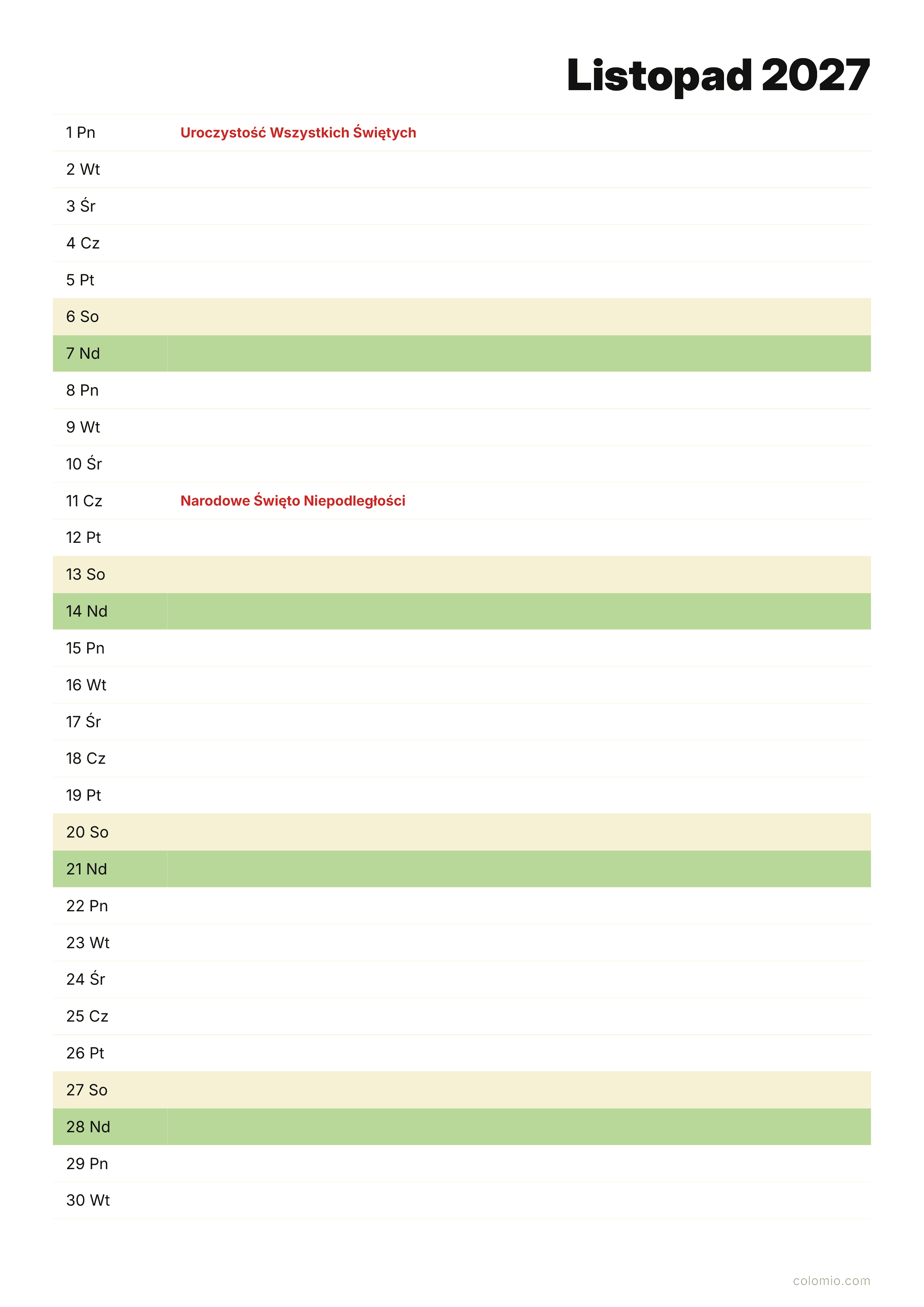 Kalendarz Listopad 2027 agenda · pionowy, PDF do druku