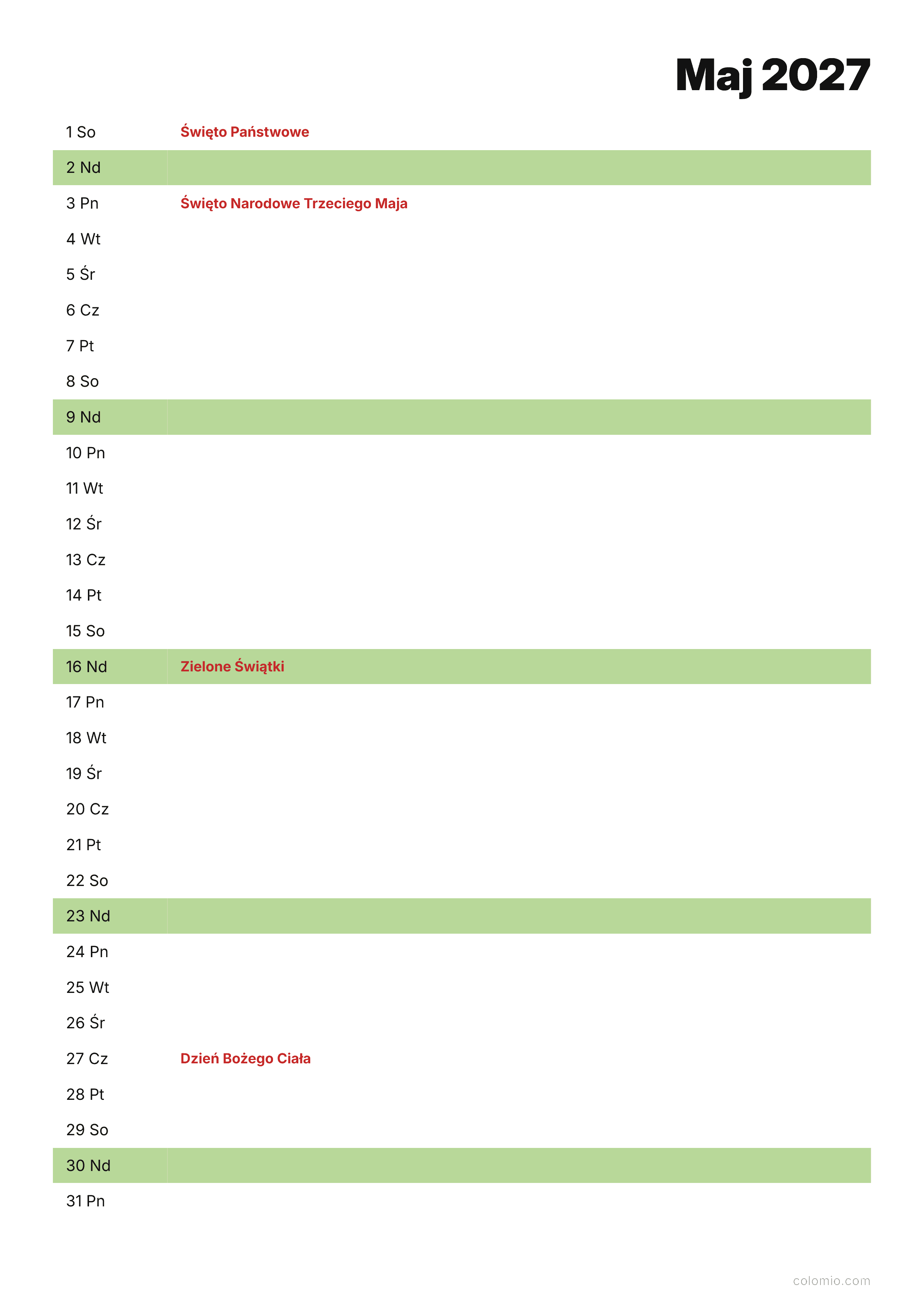 Kalendarz Maj 2027 agenda · pionowy, PDF do druku
