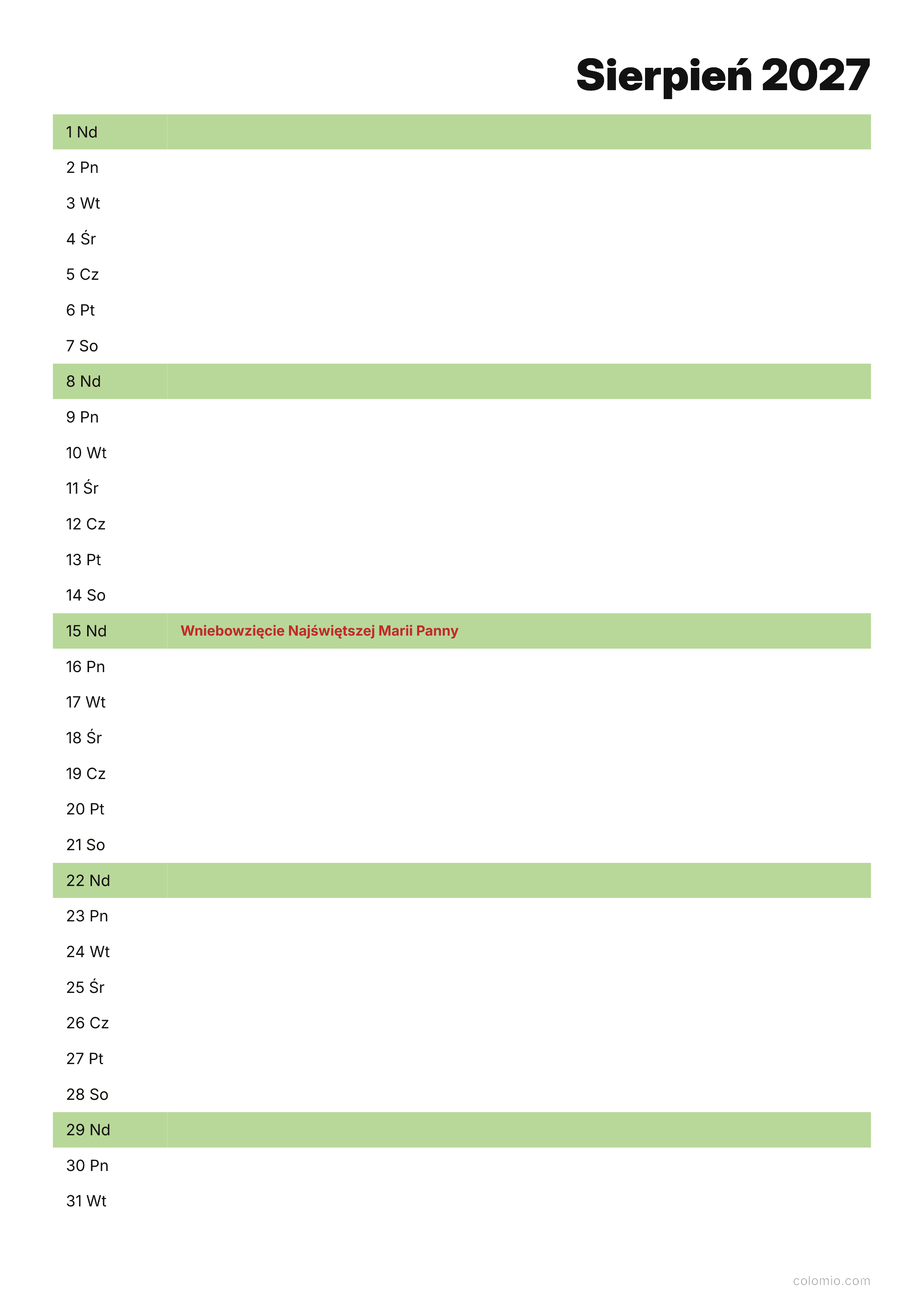 Kalendarz Sierpień 2027 agenda · pionowy, PDF do druku