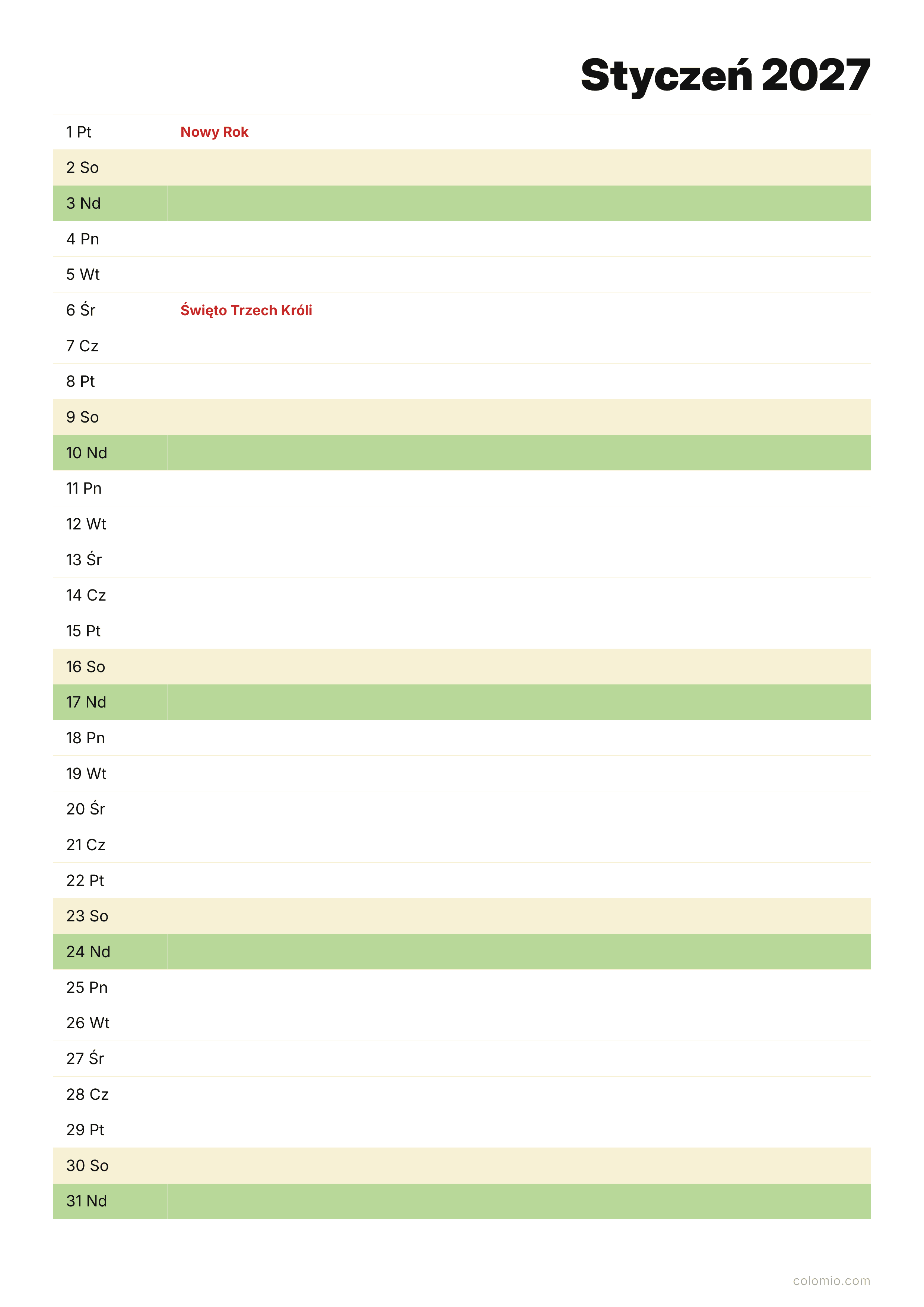 Kalendarz Styczeń 2027 agenda · pionowy, PDF do druku