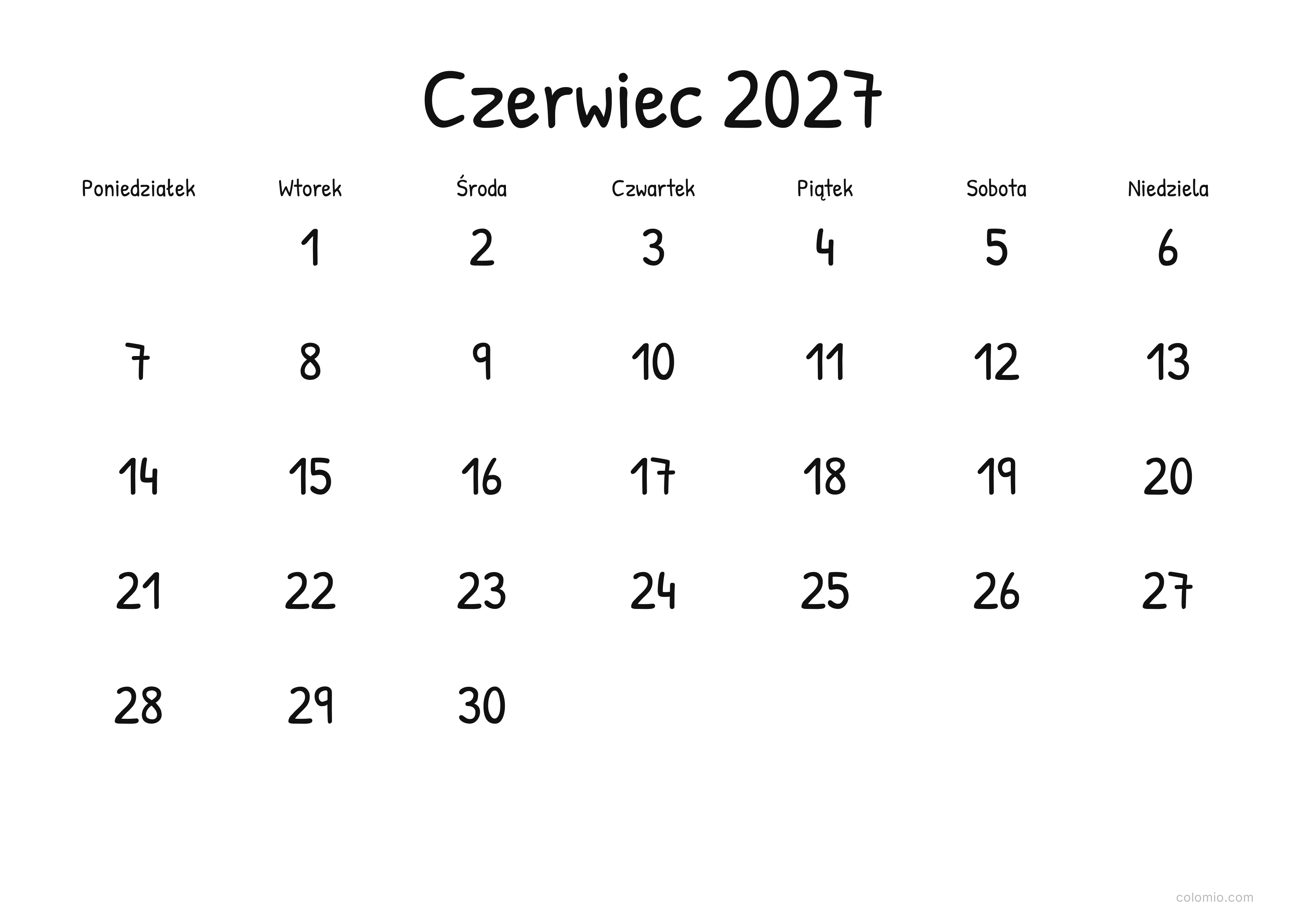 Kalendarz Czerwiec 2027 display · poziomy, PDF do druku