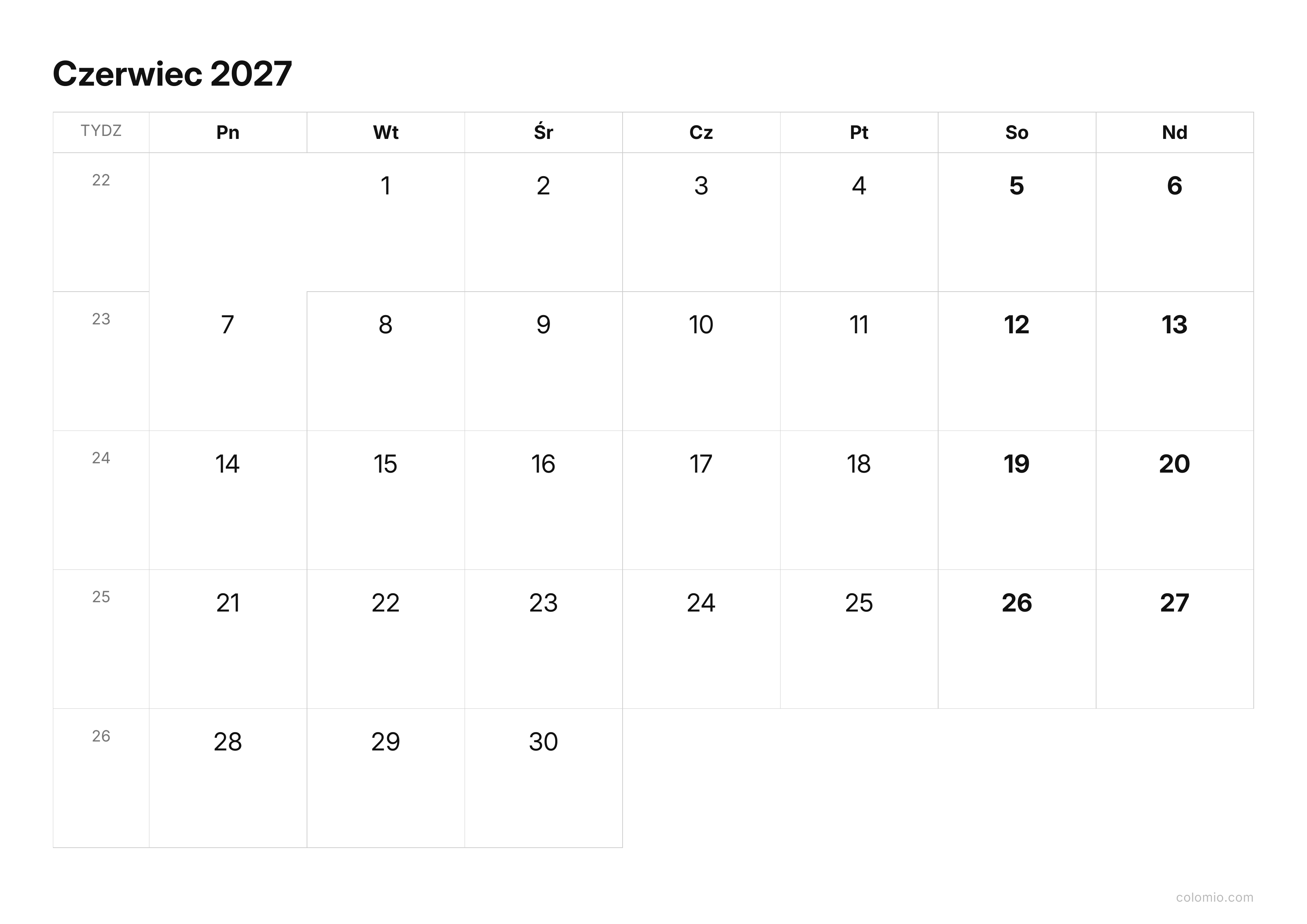 Kalendarz Czerwiec 2027 kompaktowy · poziomy, PDF do druku
