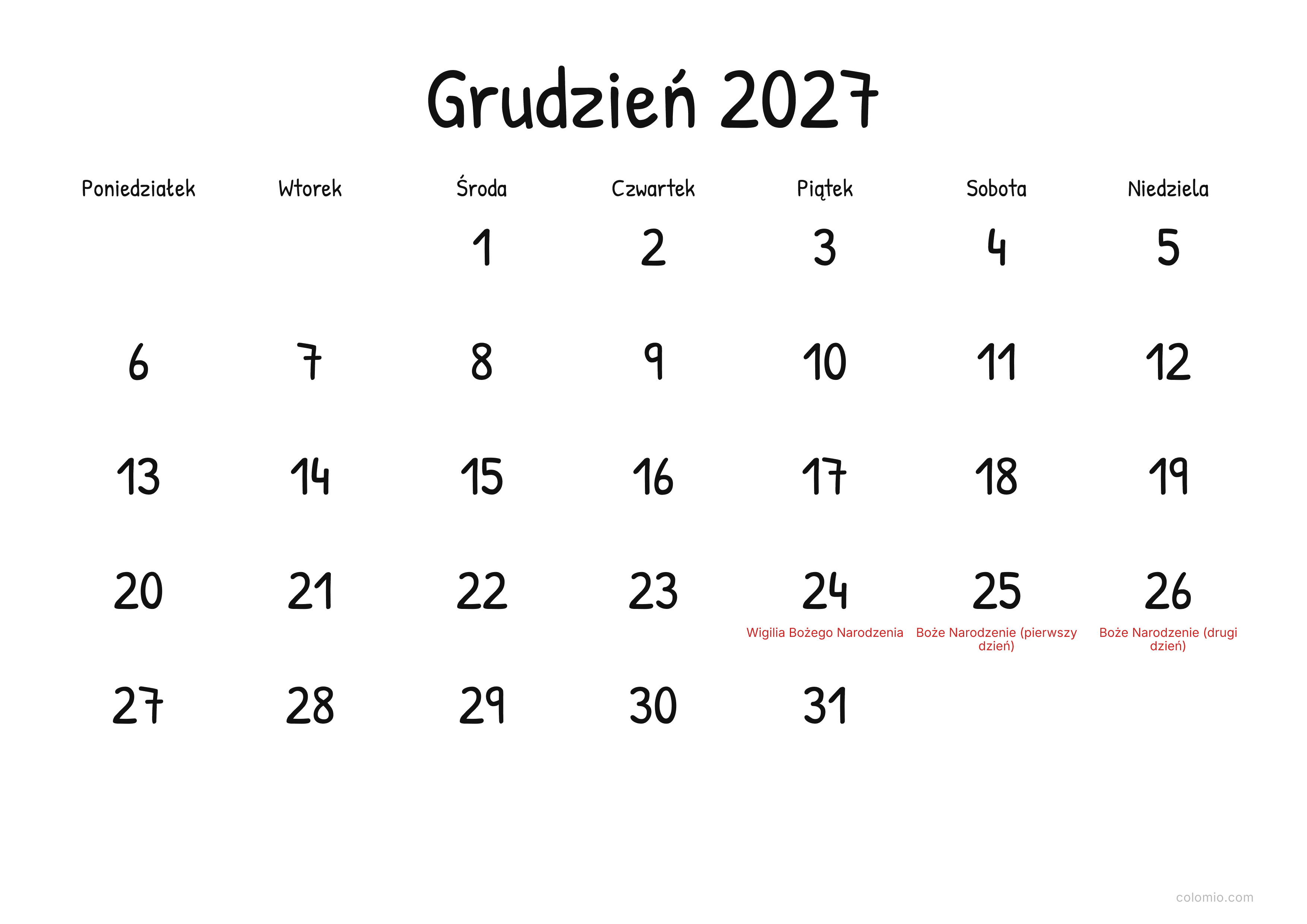 Kalendarz Grudzień 2027 display · poziomy, PDF do druku