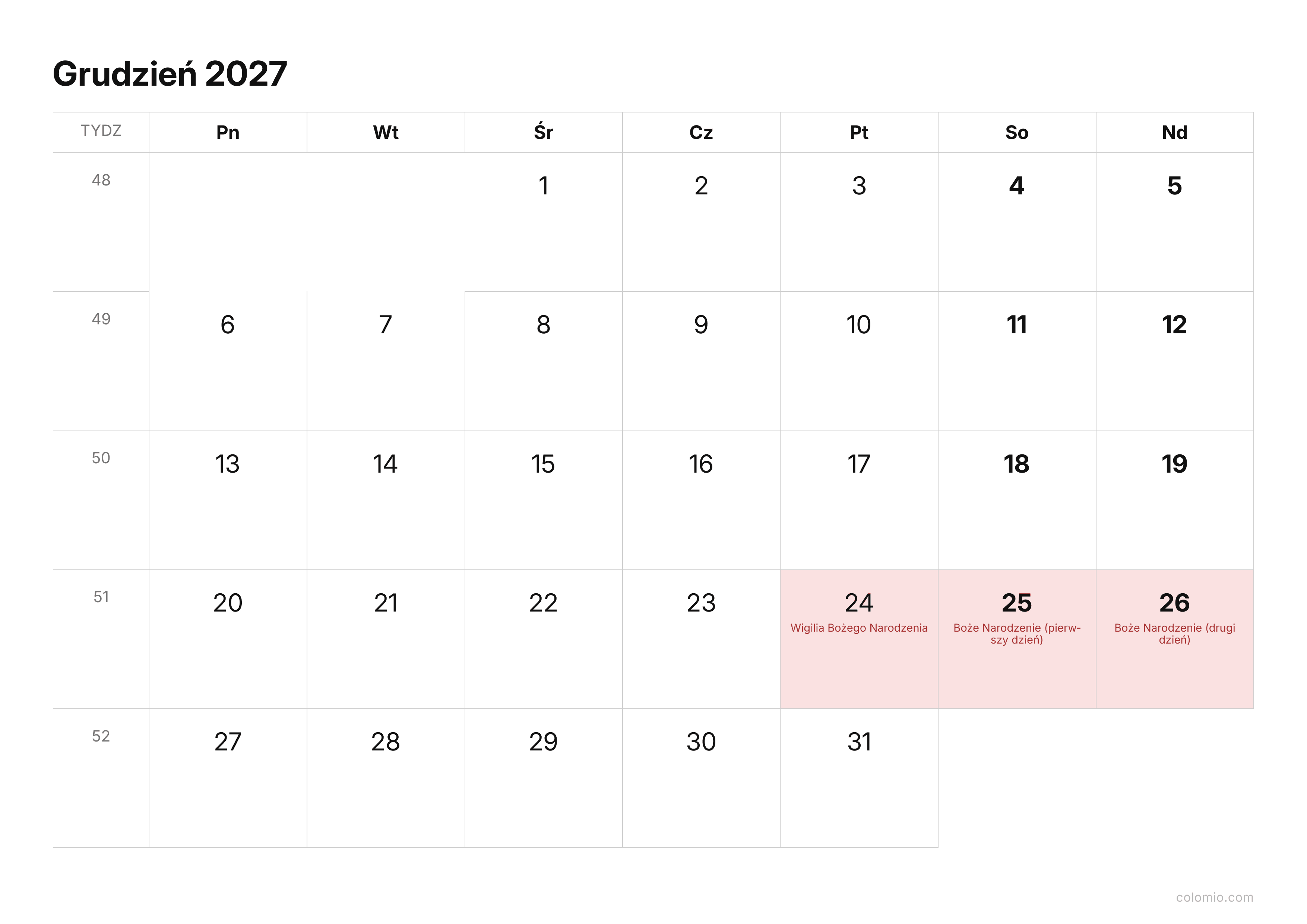 Kalendarz Grudzień 2027 kompaktowy · poziomy, PDF do druku