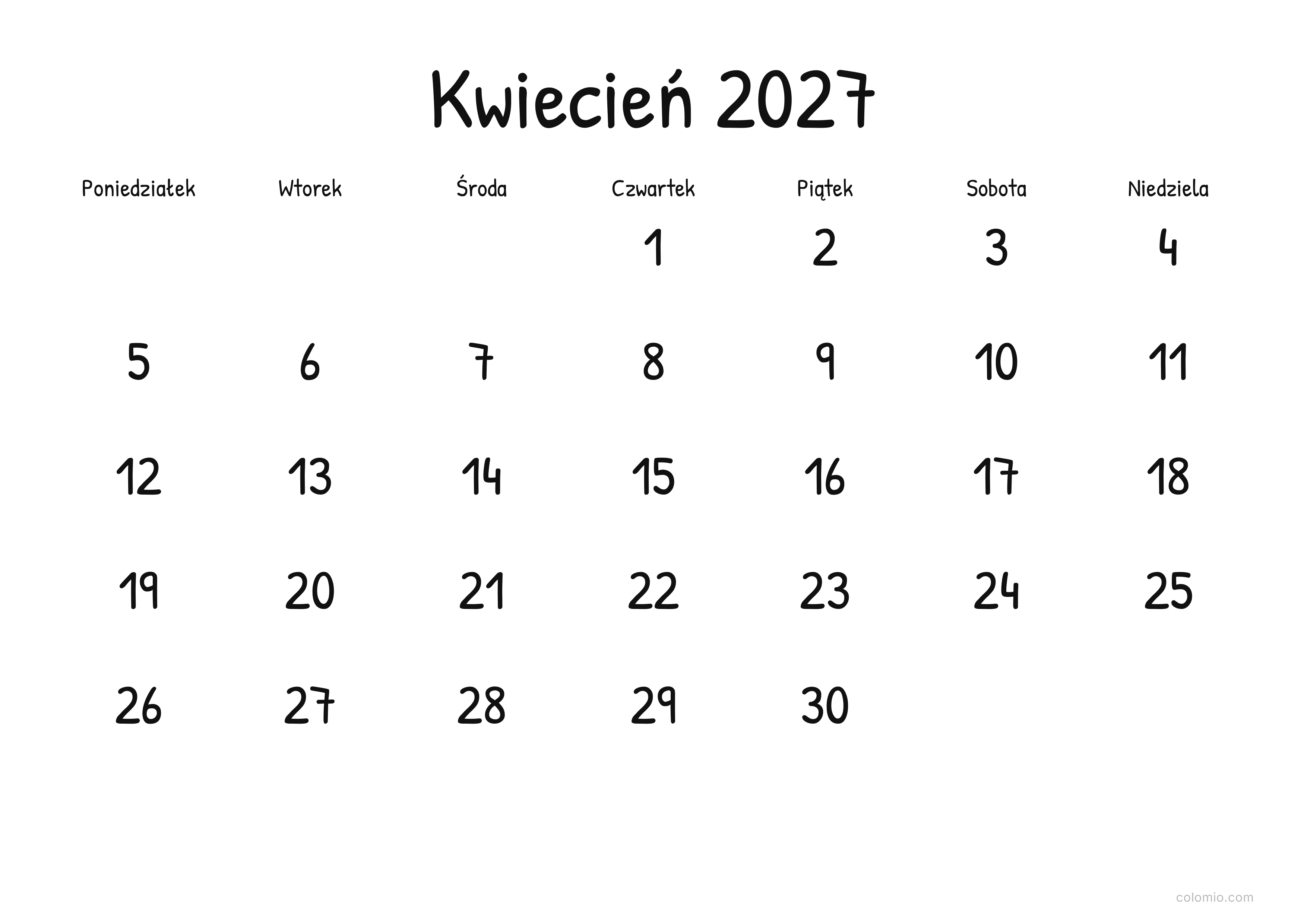 Kalendarz Kwiecień 2027 display · poziomy, PDF do druku
