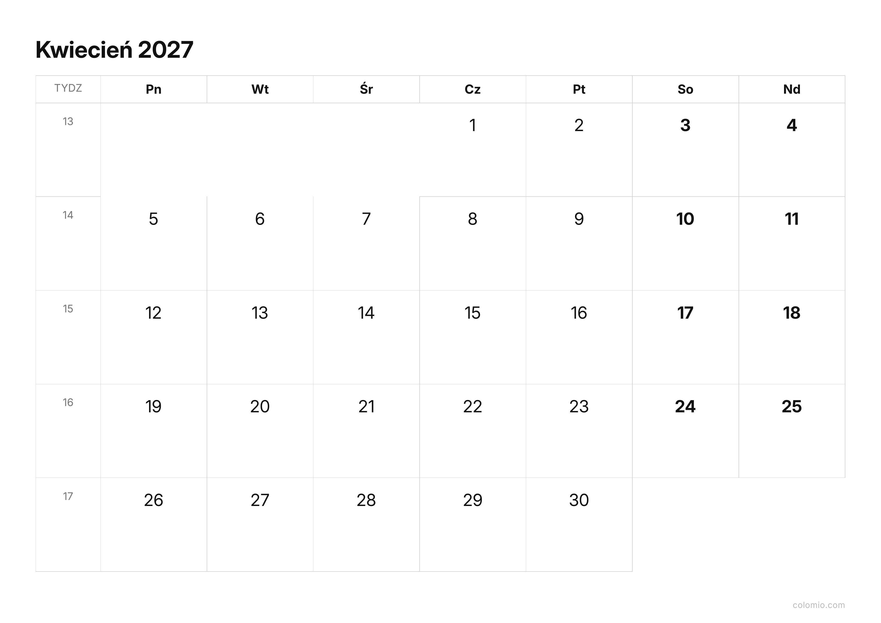 Kalendarz Kwiecień 2027 kompaktowy · poziomy, PDF do druku