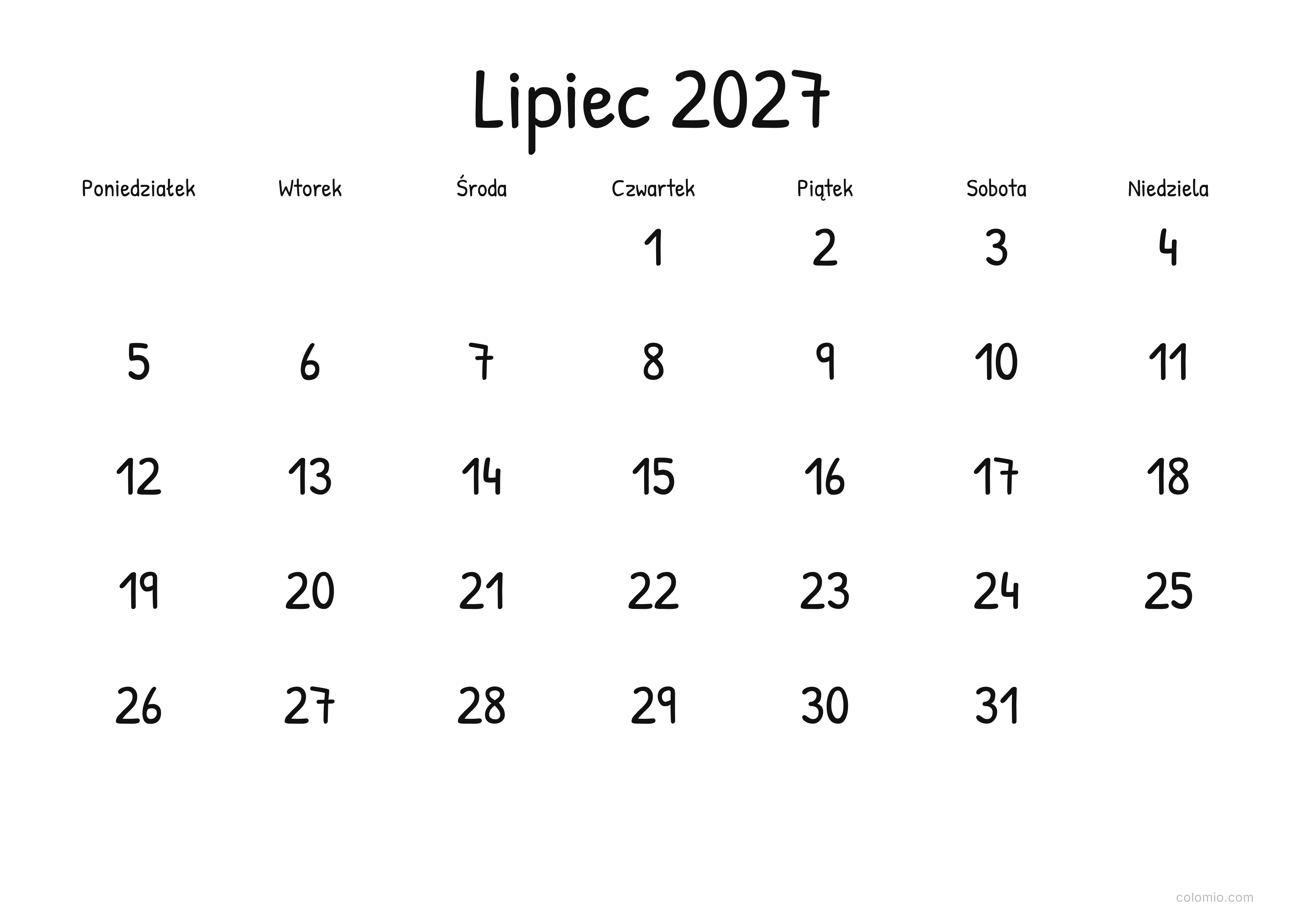 Kalendarz Lipiec 2027 display · poziomy, PDF do druku