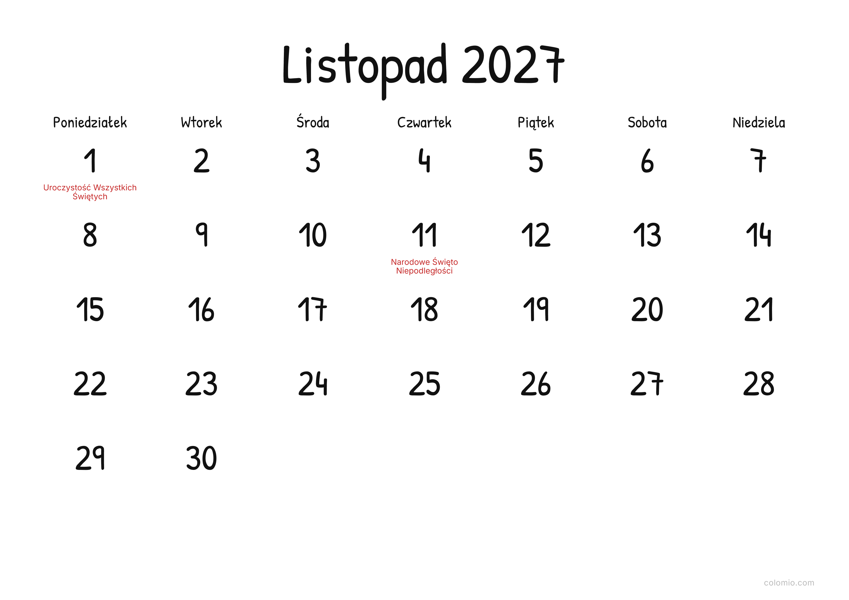 Kalendarz Listopad 2027 display · poziomy, PDF do druku