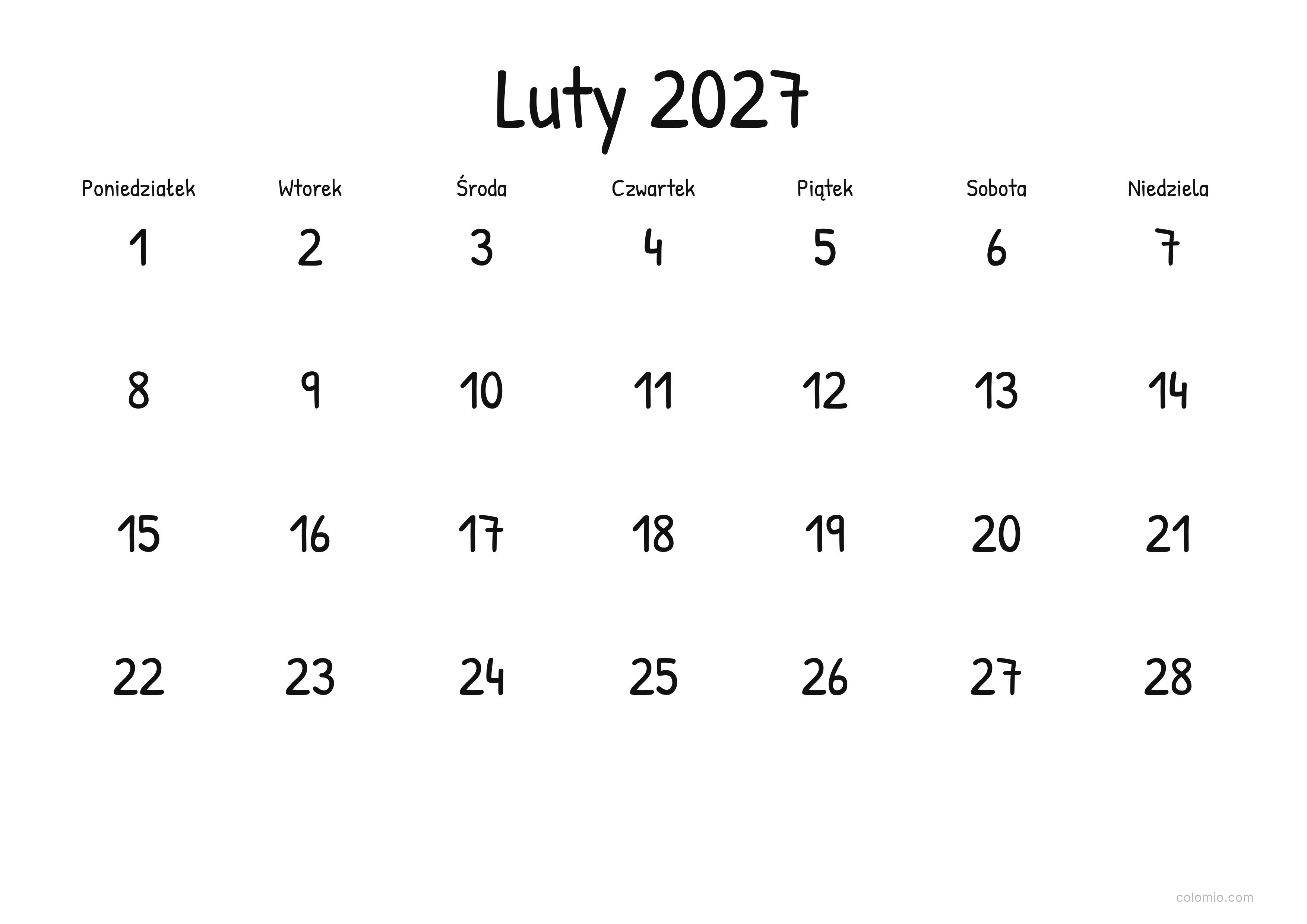 Kalendarz Luty 2027 display · poziomy, PDF do druku