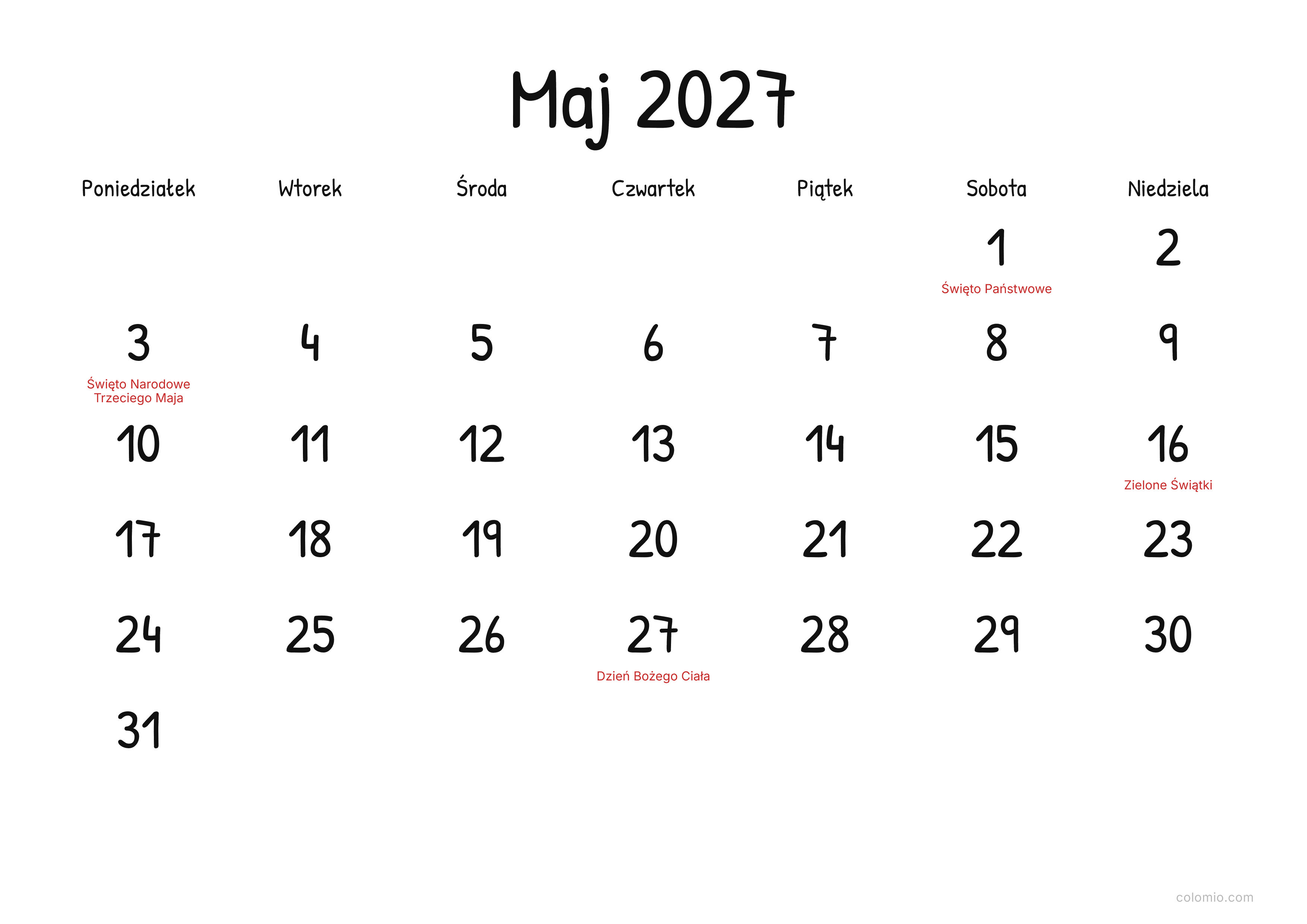 Kalendarz Maj 2027 display · poziomy, PDF do druku