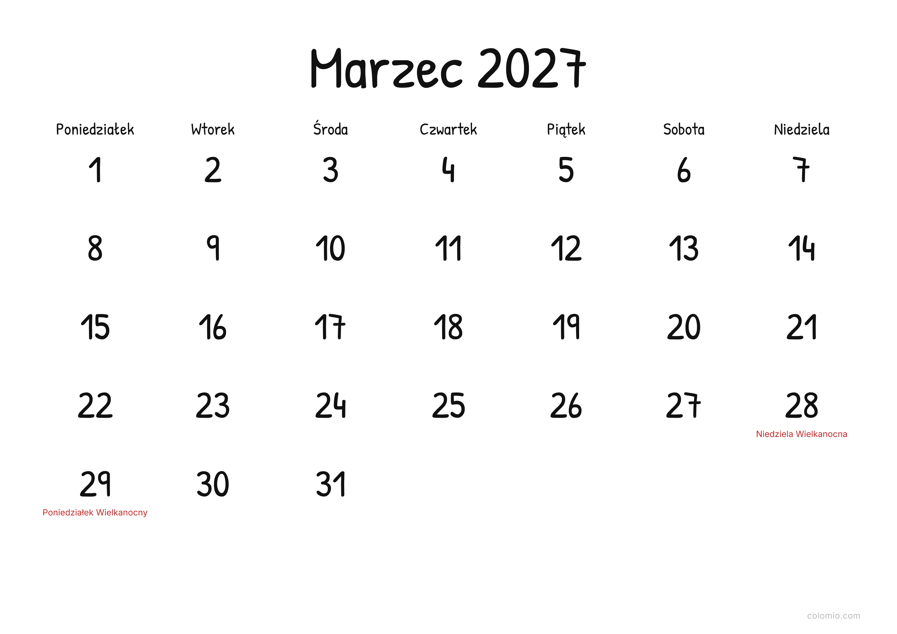 Kalendarz Marzec 2027 display · poziomy, PDF do druku