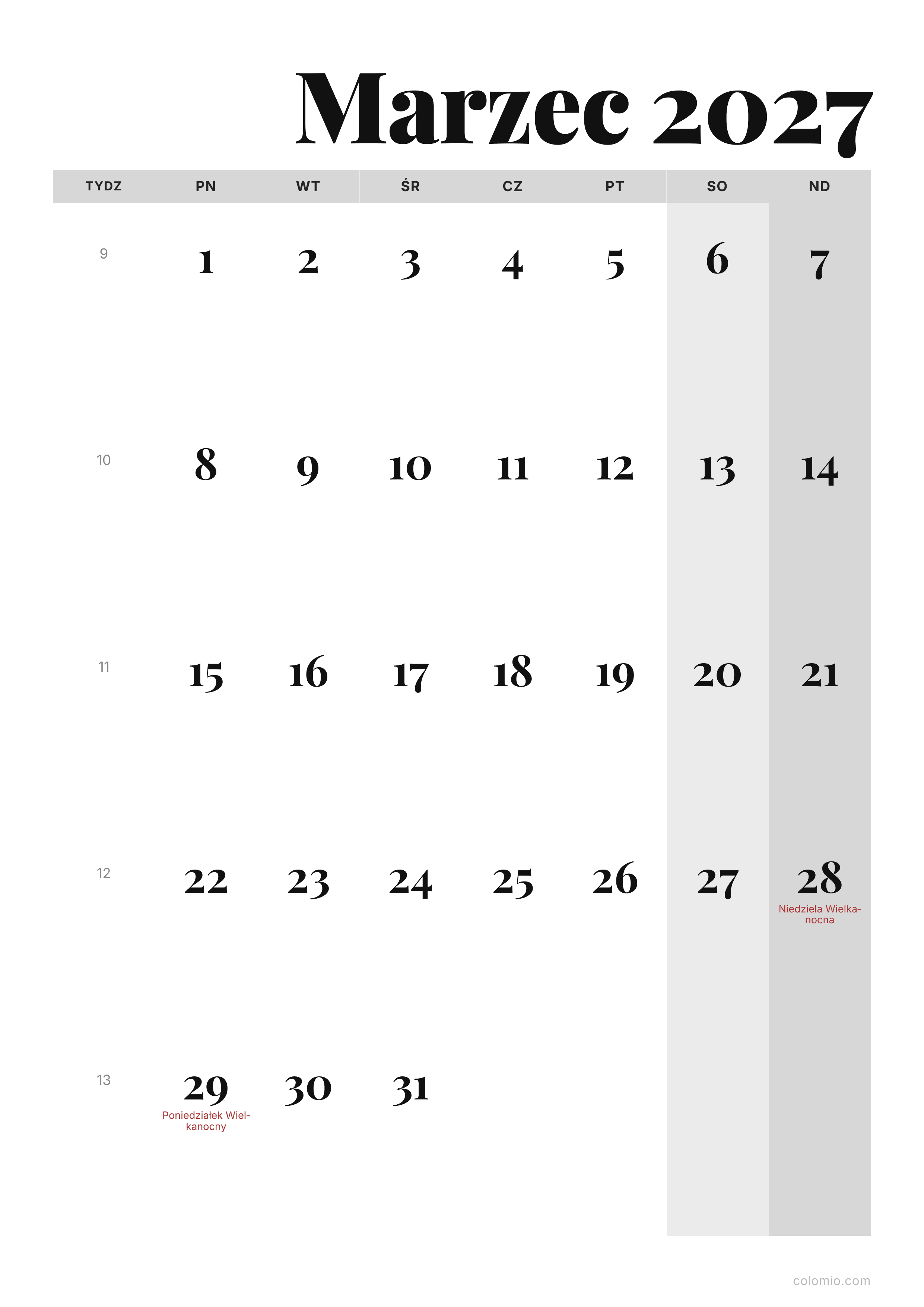 Kalendarz Marzec 2027 edytorski · pionowy, PDF do druku